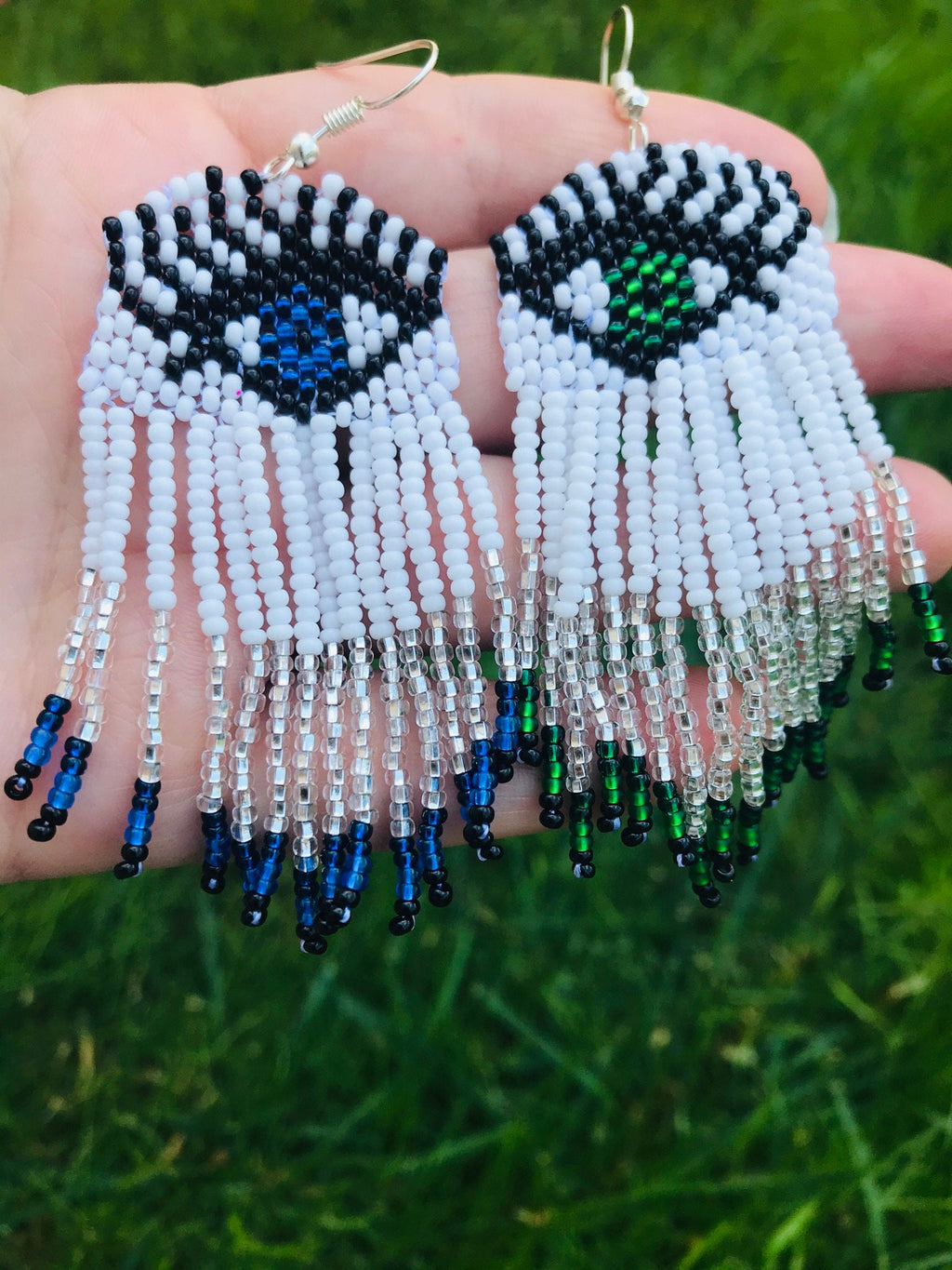 Evil eye earrings, long beaded earrings, Custom eyes color Earrings, white seed bead Earrings fringe, best friend personalized holiday gift