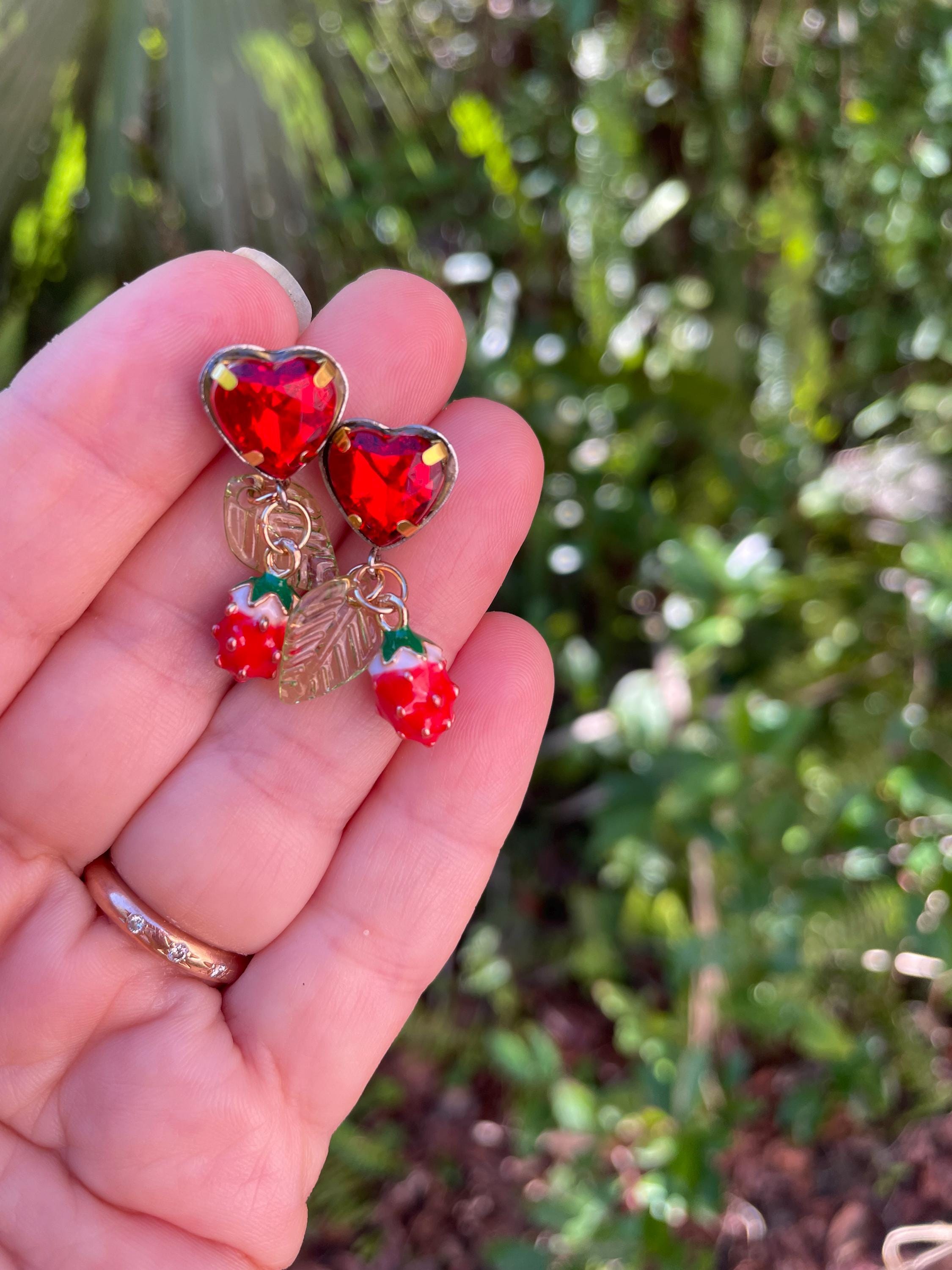 Strawberry Heart Dangle Earrings: Enamel Berry Handmade Jewelry