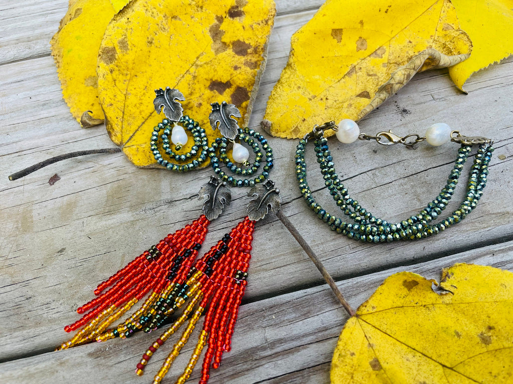 Leaf earrings stud,  Unique handmade earrings, green Swarovski crystal statement earrings, hoop earrings dangle, baroque pearl earrings mom