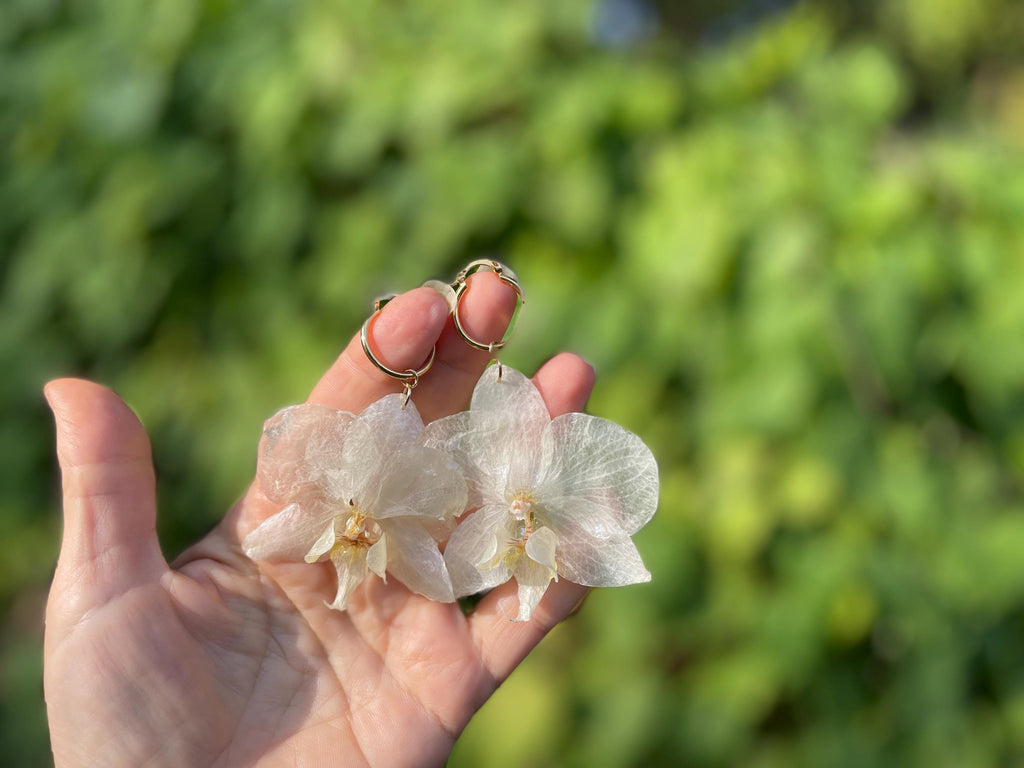 Real Orchid Earrings: Gold Hoop Earrings Resin, Unique White Wedding Bridal Jewelry