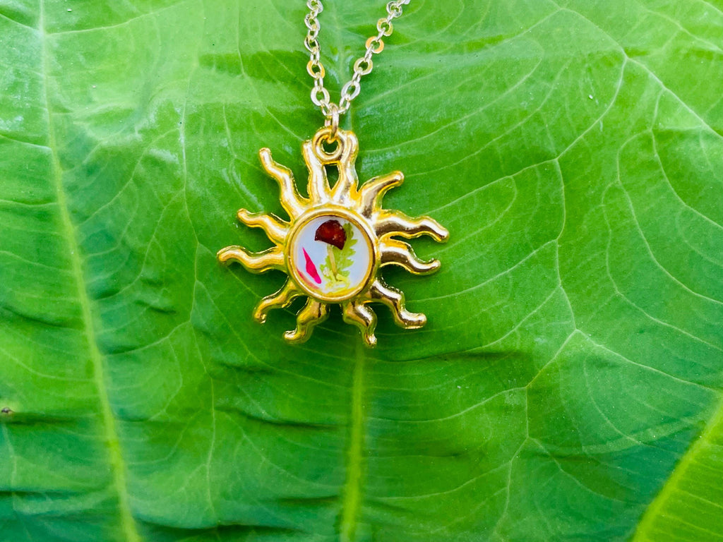 Gold Sun Necklace: Dainty Real Mushroom and Fern Pendant, Sunburst Celestial Jewelry Birthstone