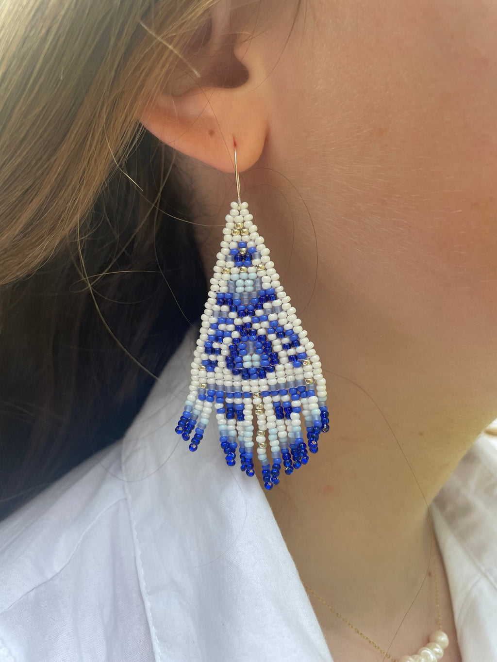 Chinoiserie Seed Bead Earrings: White & Blue Toile, Sterling Silver