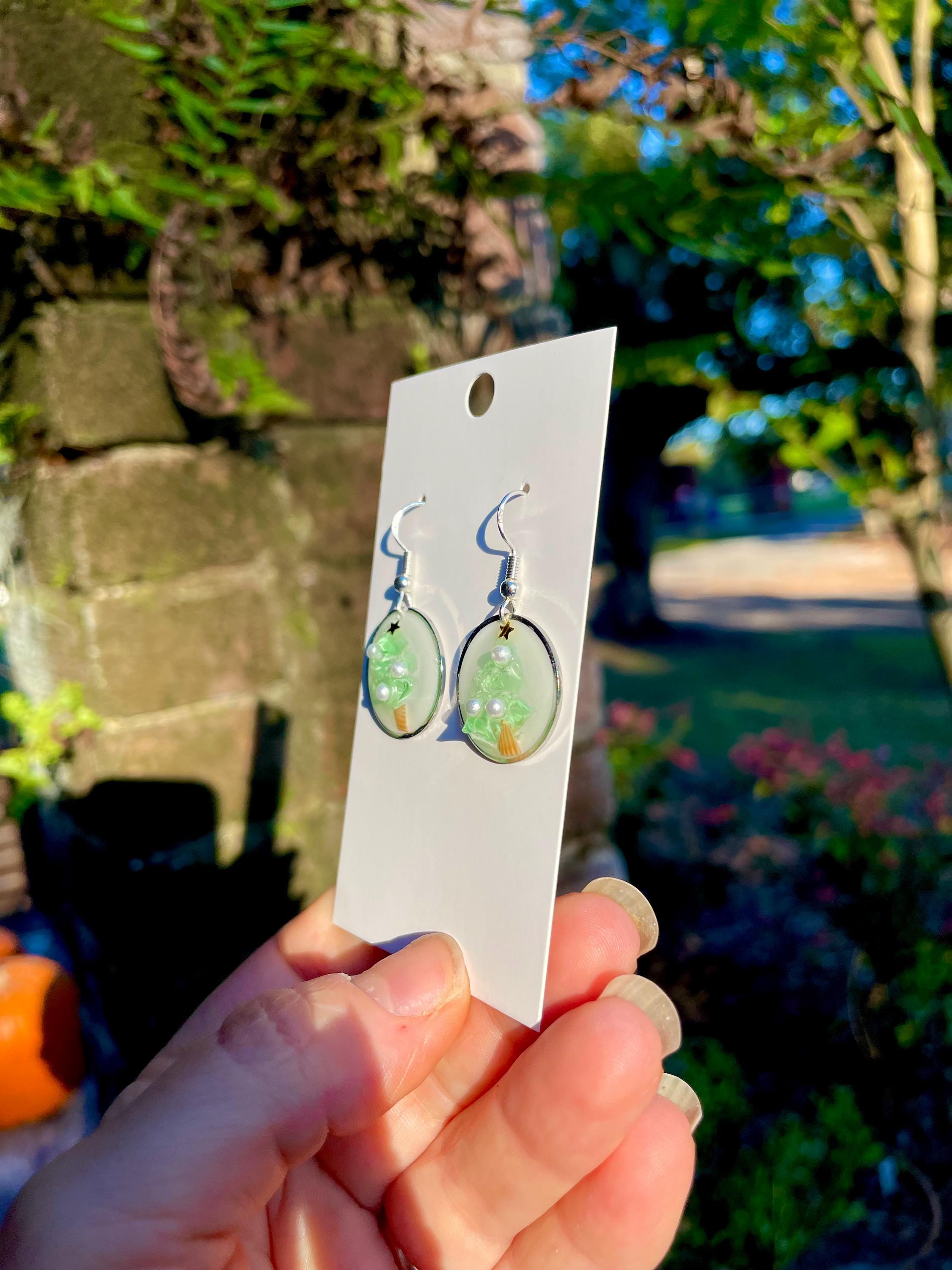 Sea Glass Christmas Tree Earrings: Resin Pearl Mosaic, Silver Tone