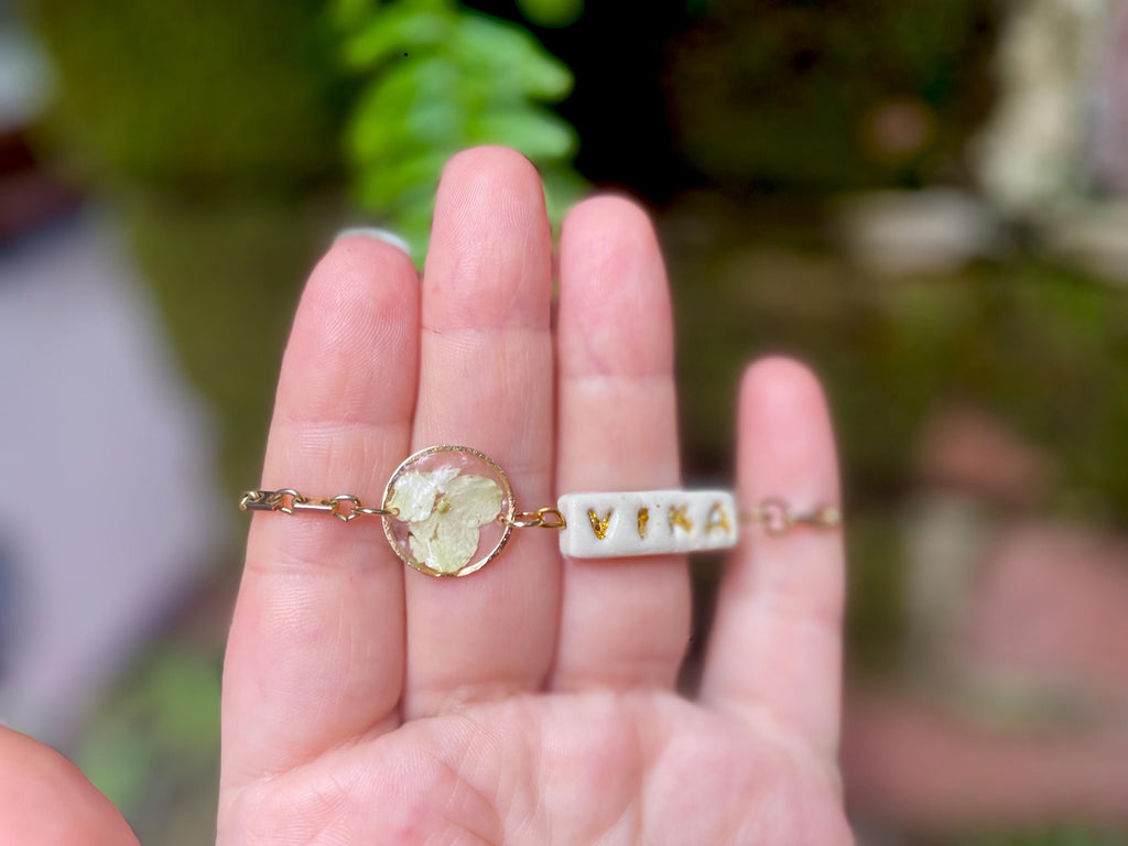 Personalized Name Bracelet: Real Hydrangea Charm, Handmade Porcelain Jewelry