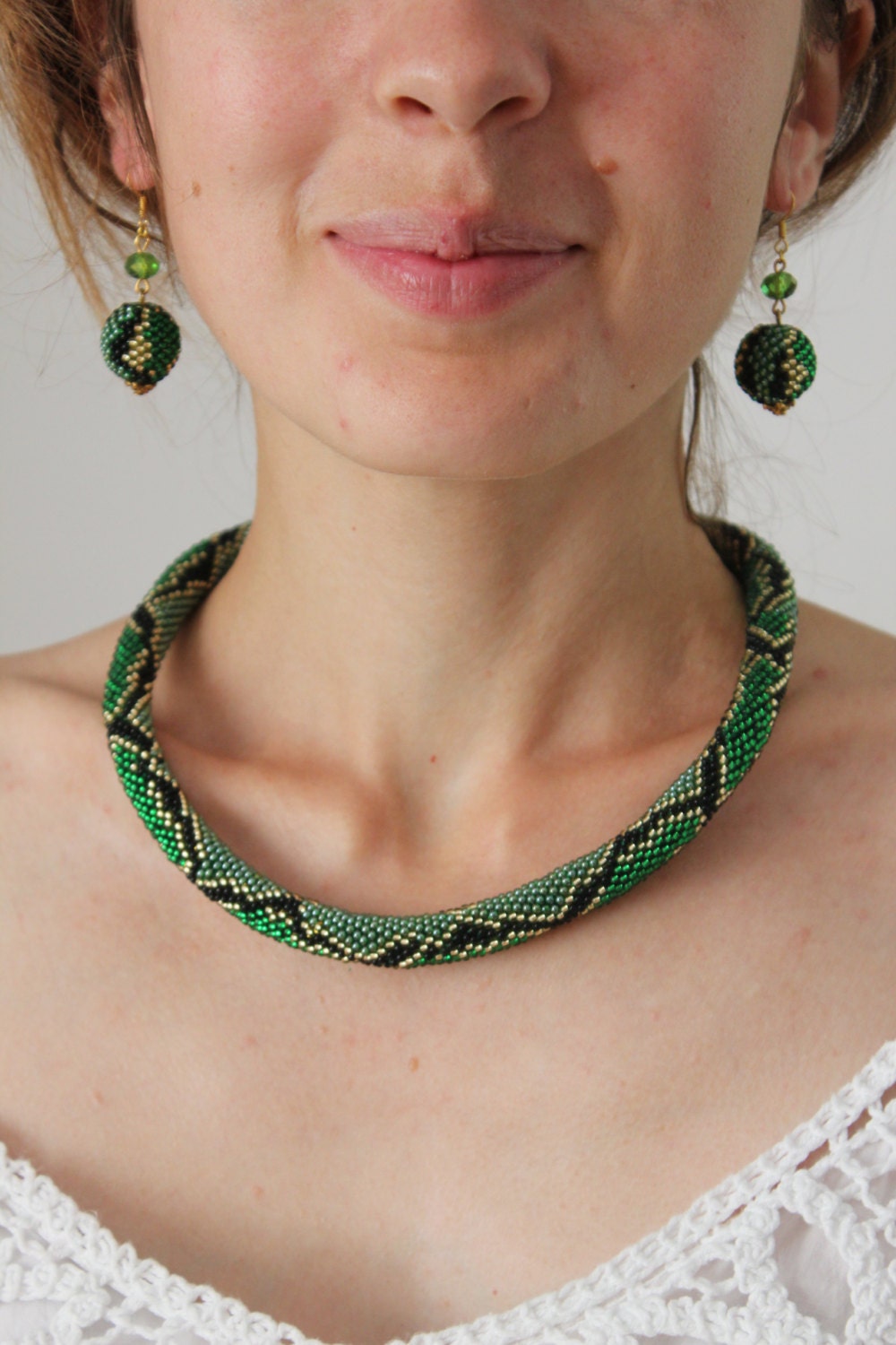 Beaded Snake Choker: Green Ouroboros Necklace, Wild Animal Jewelry