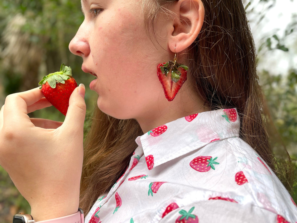 Real Strawberry Resin Earrings: 14K Gold Filled Dangle Earrings