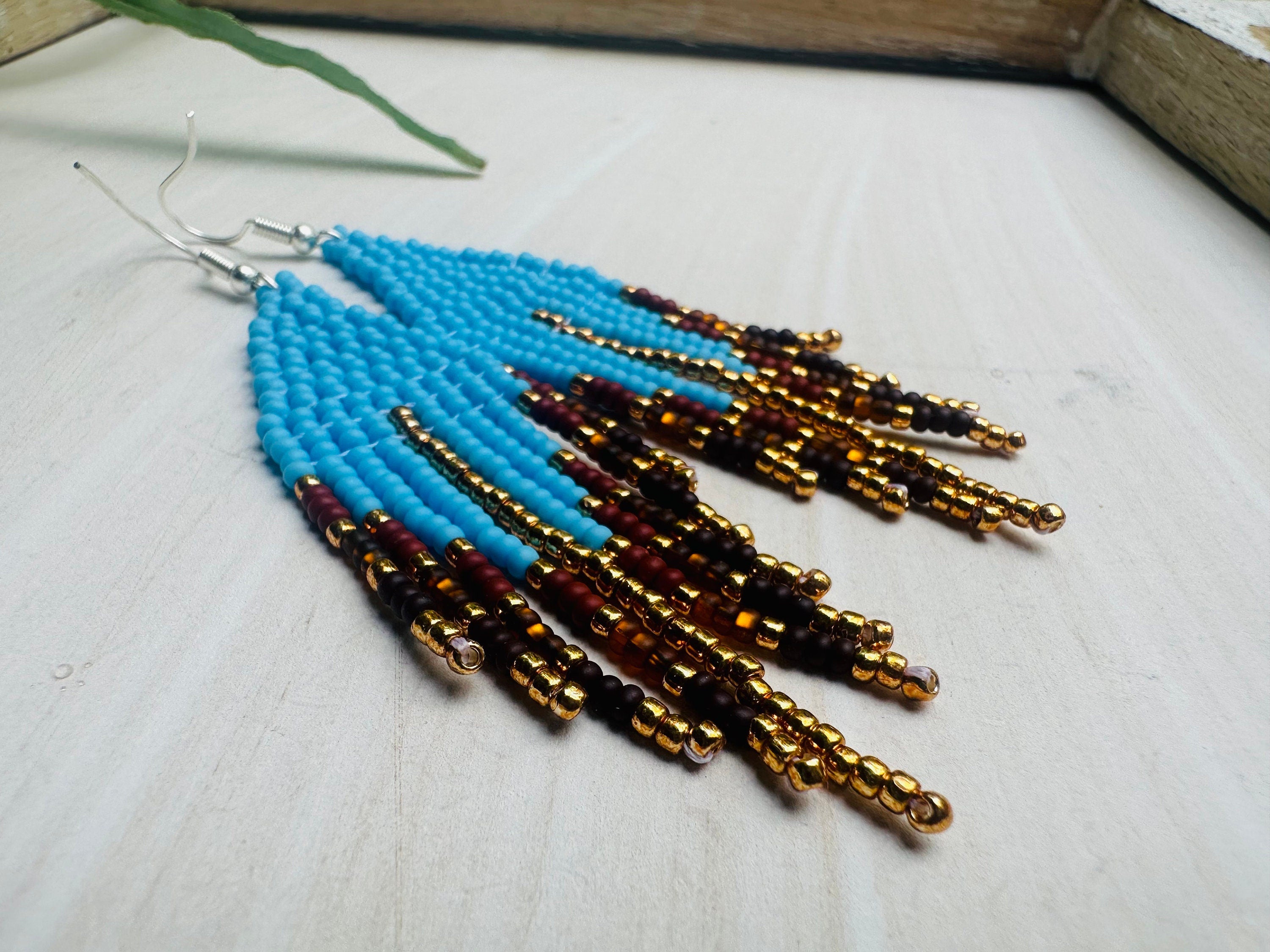 Turquoise and rust earrings handmade, blue boho earrings Fringe beadwork earrings unique holiday gift for her Seed bead dangle earring Long