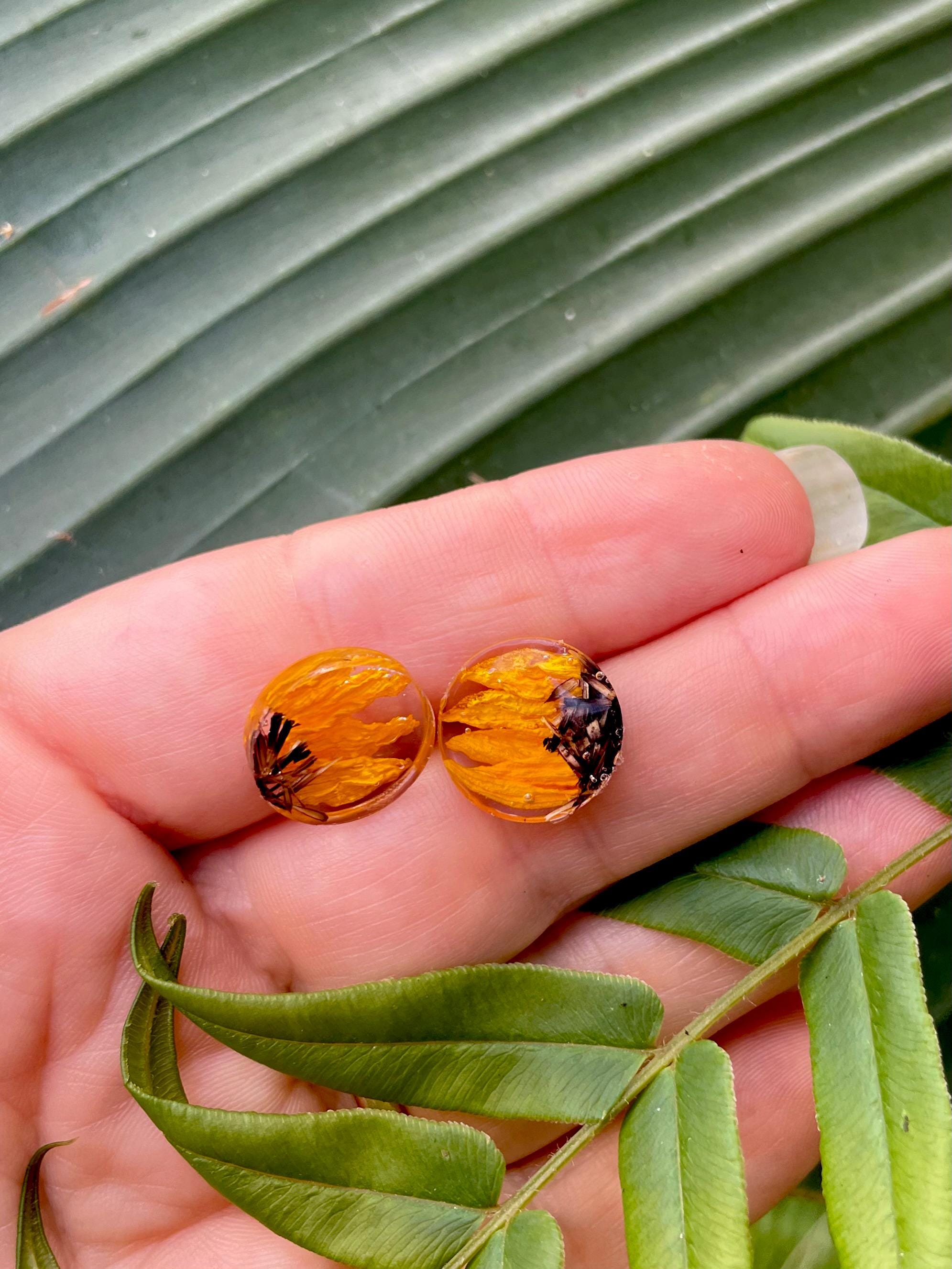 Dainty Sunflower Stud Earrings Hypoallergenic 10mm: Handmade Pressed Flower Jewelry Resin