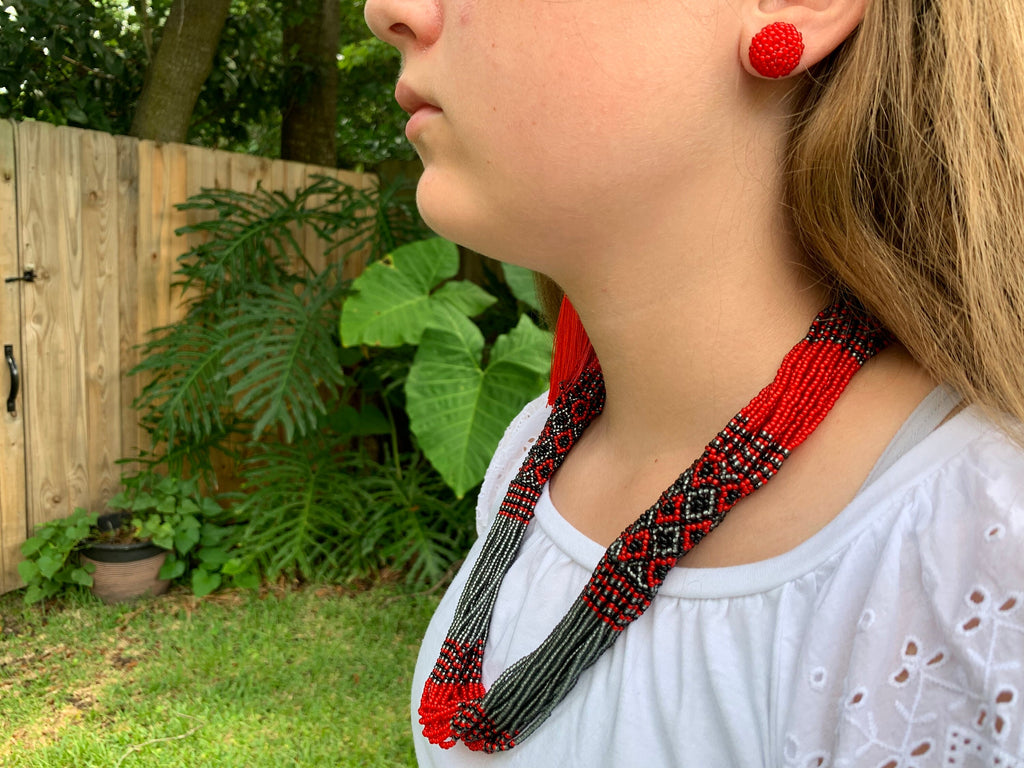 Red and black Folk Ukrainian necklace Ukrainian Beaded Necklace Seed bead vyshyvanka necklace Multistrand red and gray necklace Bohemian