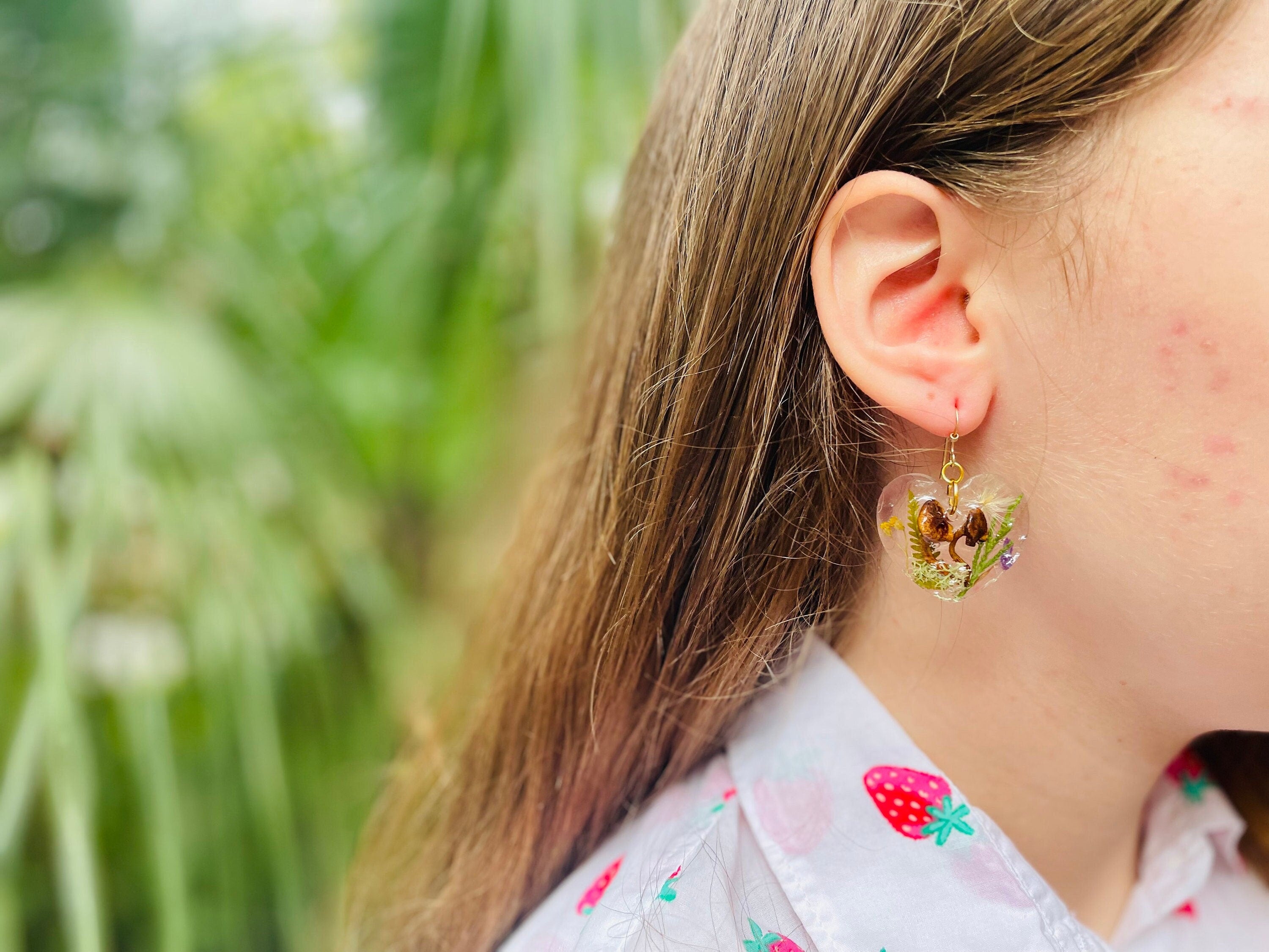 Heart Shaped Mushroom Terrarium Earrings | 14K Gold Pressed Flower Cottagecore Jewelry Unique