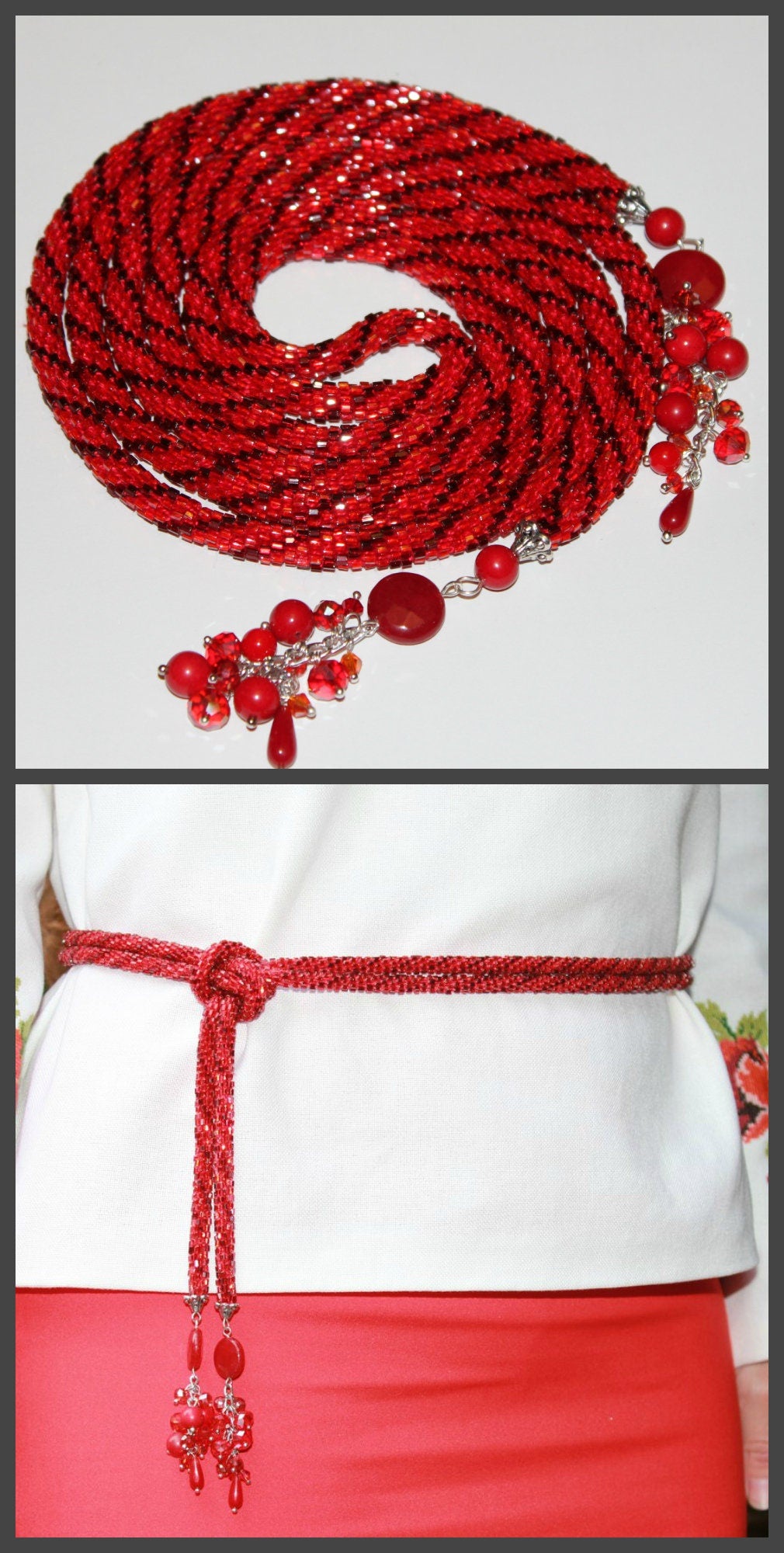 Christmas Ruby red Bead necklace, Beaded Layered Necklace Choker Gift For Her, Crochet Rope belt, Bohemian jewelry crystal lariat for wife