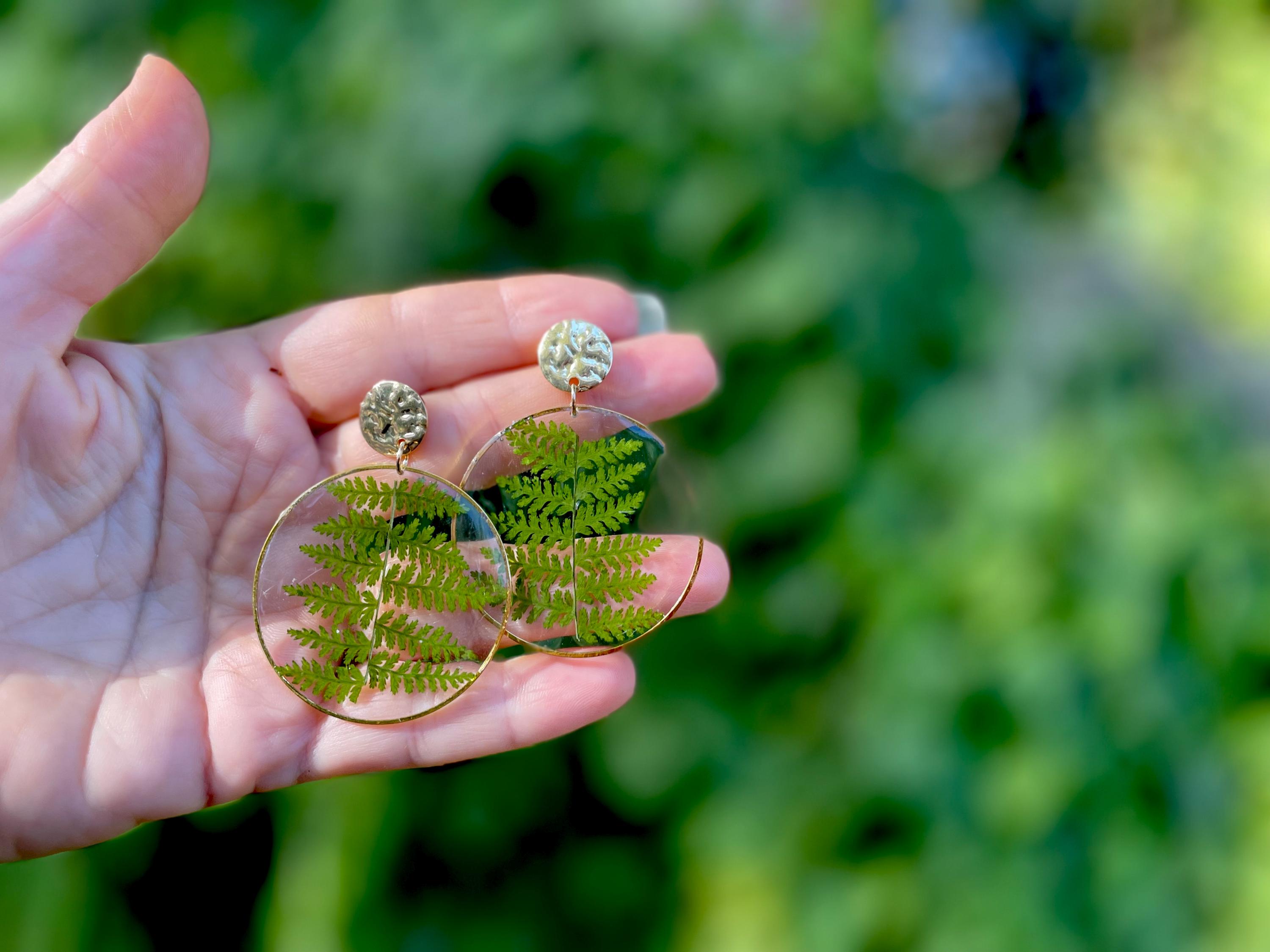 Gold or Silver Green Fern Hoop Christmas Earrings: Clip-On/Post Options | Tree-Inspired Design