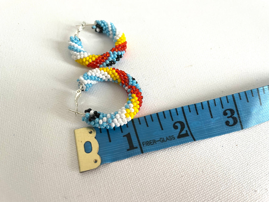 Turquoise Native Style Earrings, Ethnic Southwestern Style Hoop Earrings, Bead Crochet Hoops, Handmade jewelry, huggie hoop earrings silver