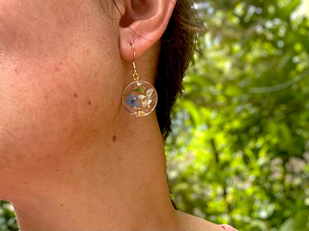 Real Pressed Flower Resin Earrings: Forget Me Not, Baby's Breath
