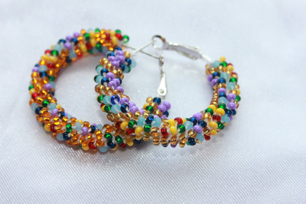 Multicolored hoop earrings beaded, Native American midi hoops girlfriend gift earrings, bridal shower gift lesbian earrings southwest design
