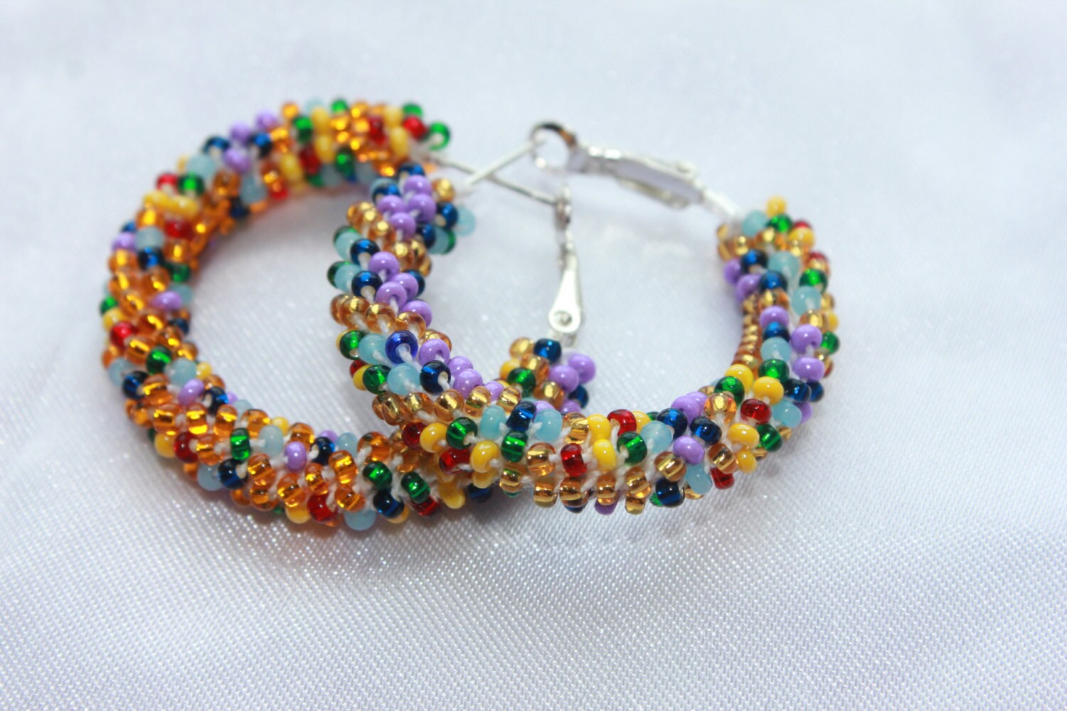 Multicolored hoop earrings beaded, Native American midi hoops girlfriend gift earrings, bridal shower gift lesbian earrings southwest design
