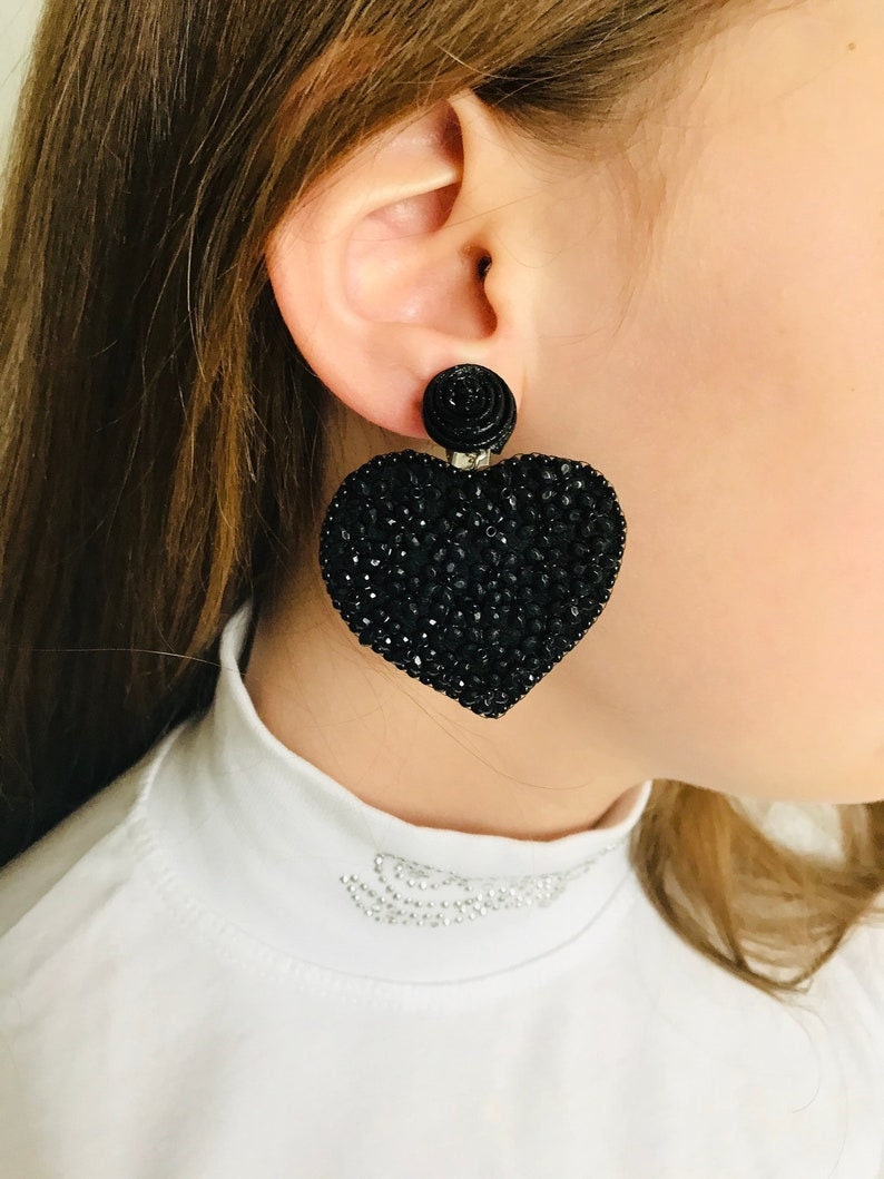 Valentines day heart earrings beaded | Red pink black big heart earrings clip on unique handmade valentines day gift for her wife girlfriend