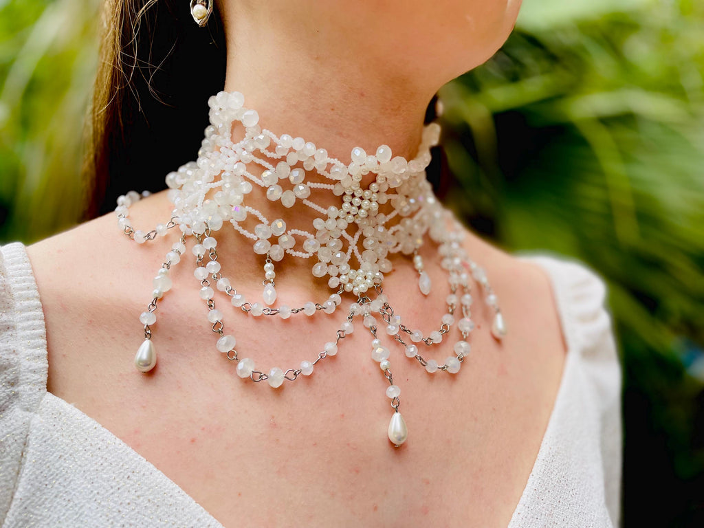 Pearl Lace Bridal Choker: Crystal Beaded Wedding Necklace Collar