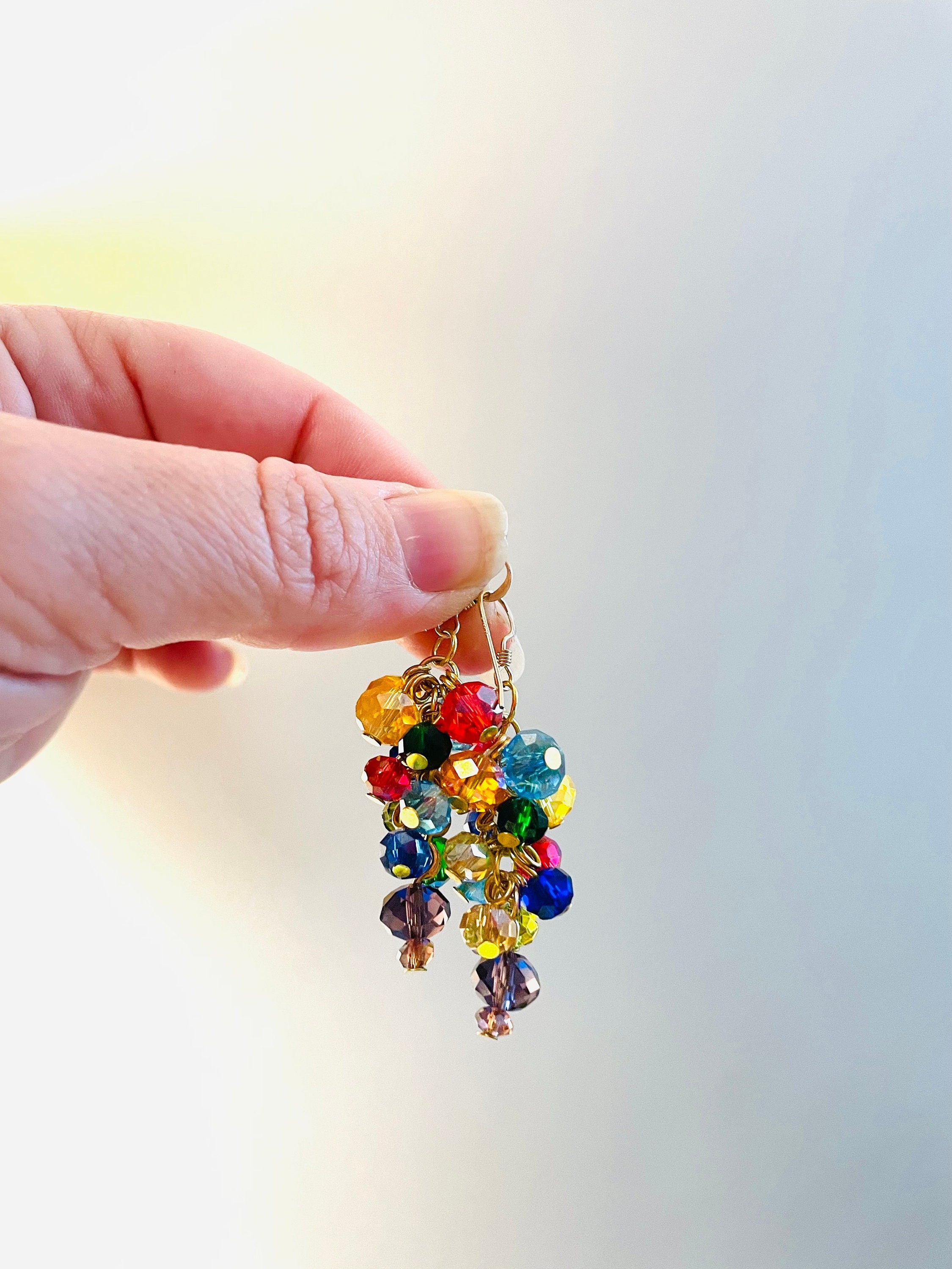 Handmade Rainbow Crystal Cluster Earrings: Colorful Dangle Jewelry