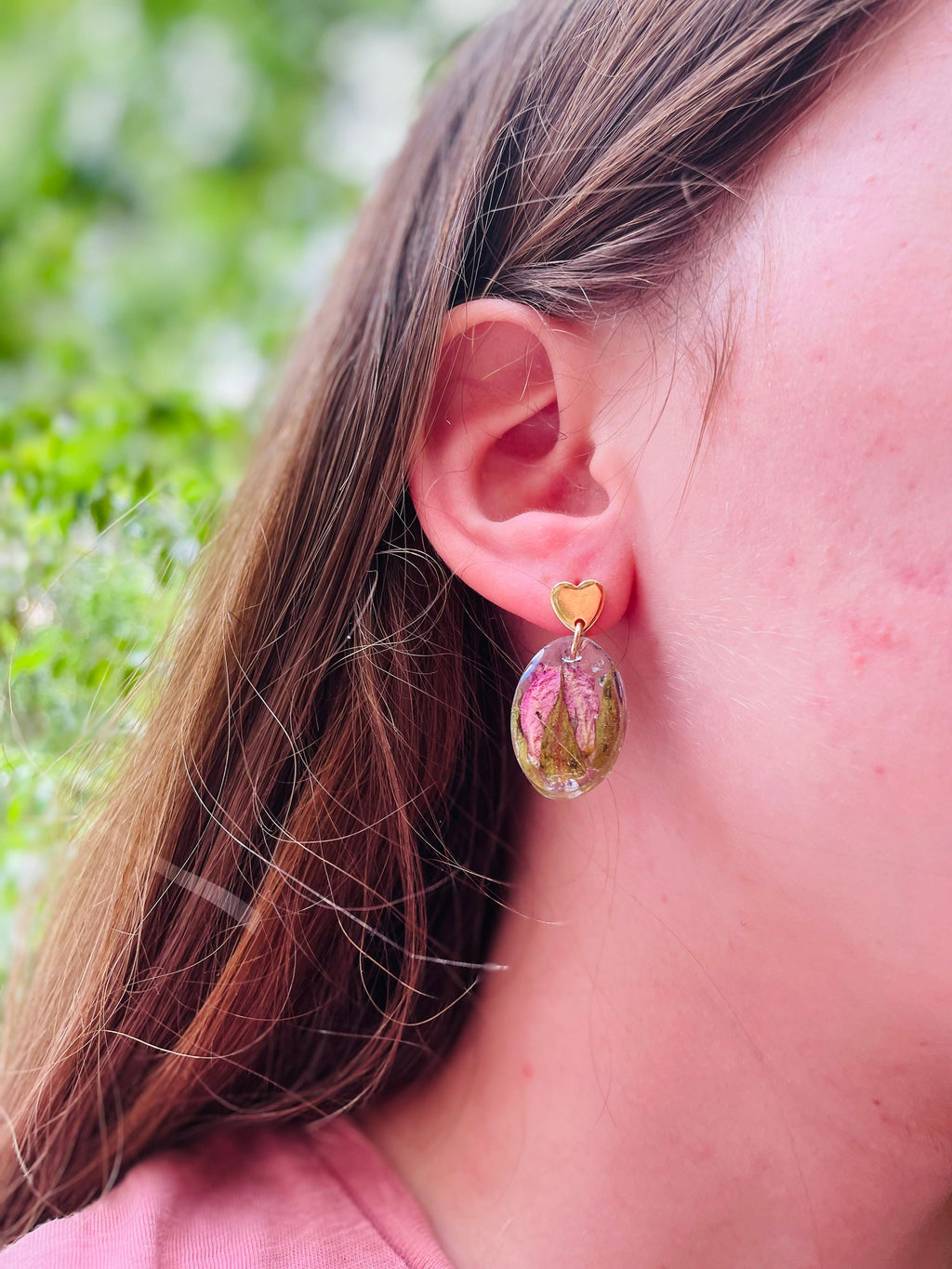 Rose Heart Stud Earrings: Real Flower Resin Jewelry, June Birthstone