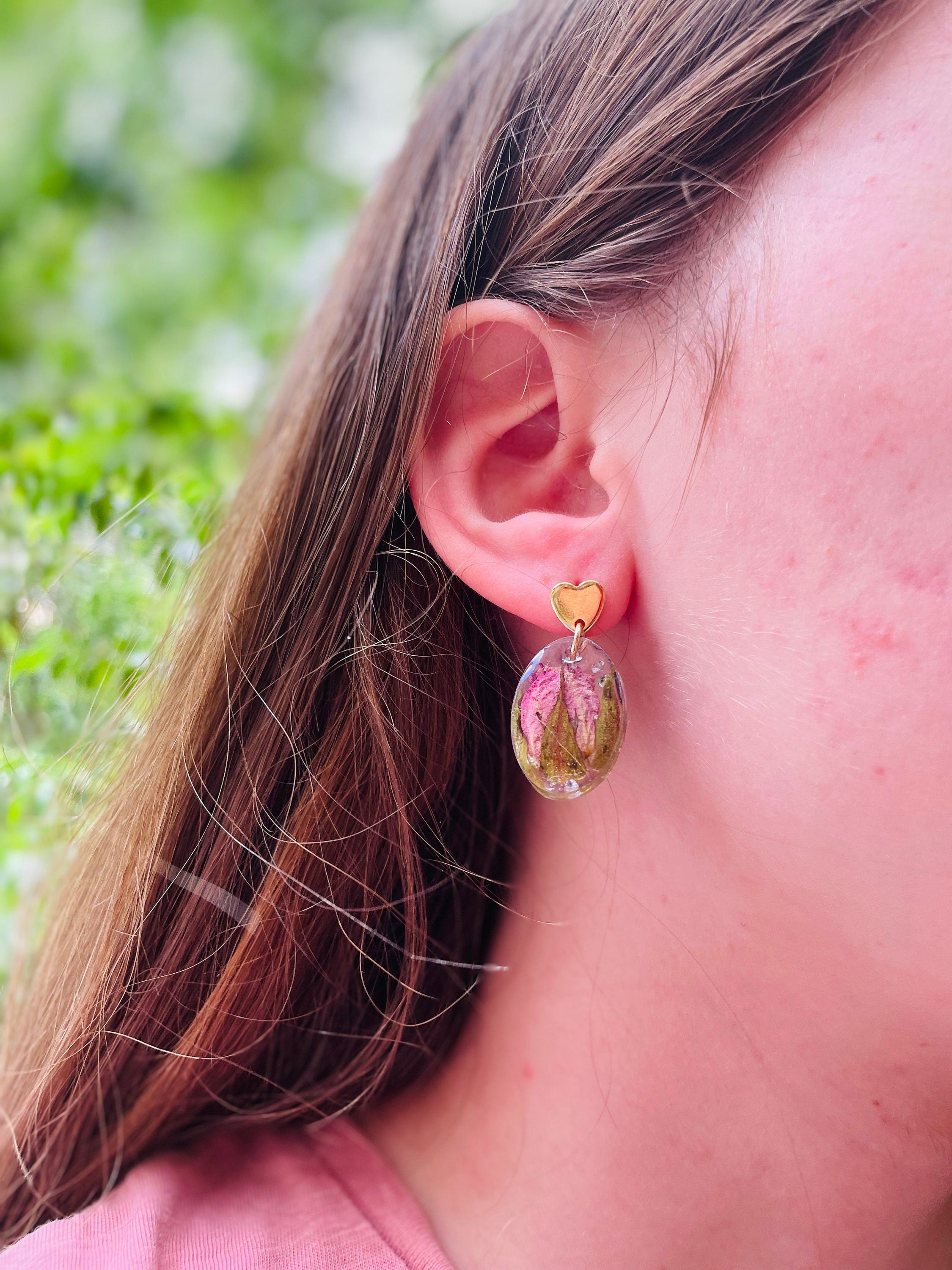 Rose Heart Stud Earrings: Real Flower Resin Jewelry, June Birthstone