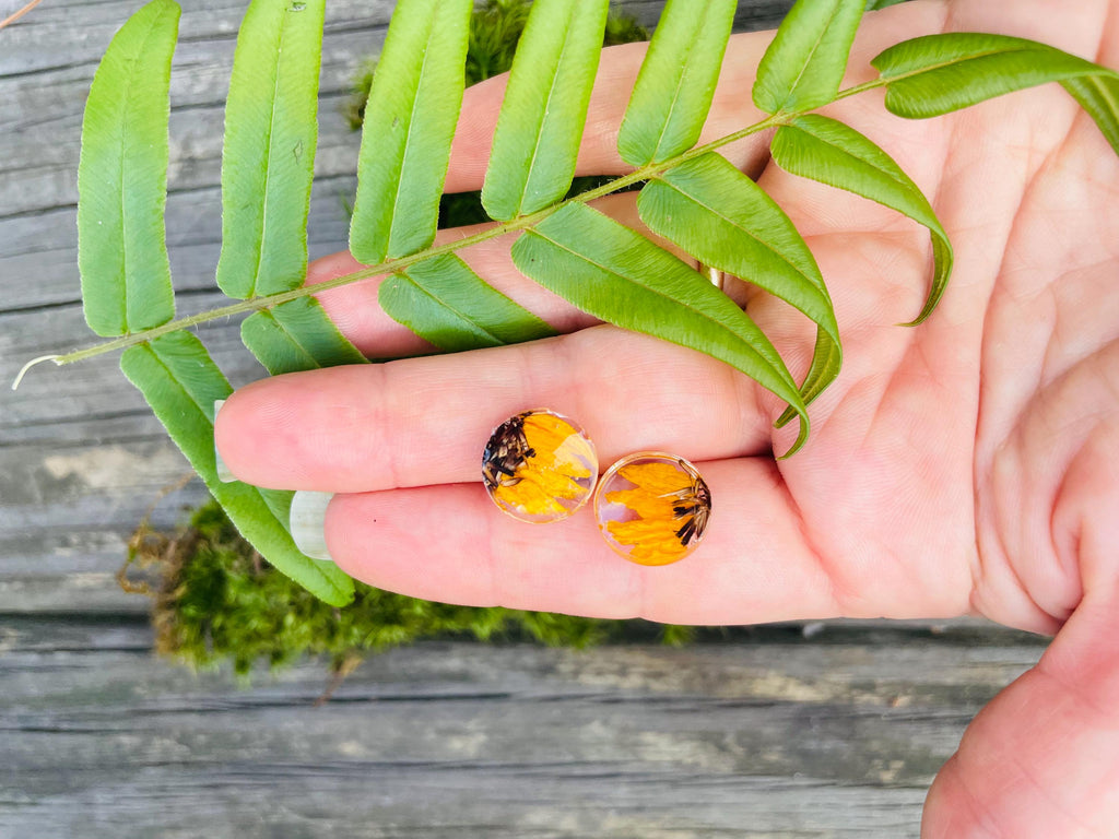 Dainty Sunflower Stud Earrings Hypoallergenic 10mm: Handmade Pressed Flower Jewelry Resin