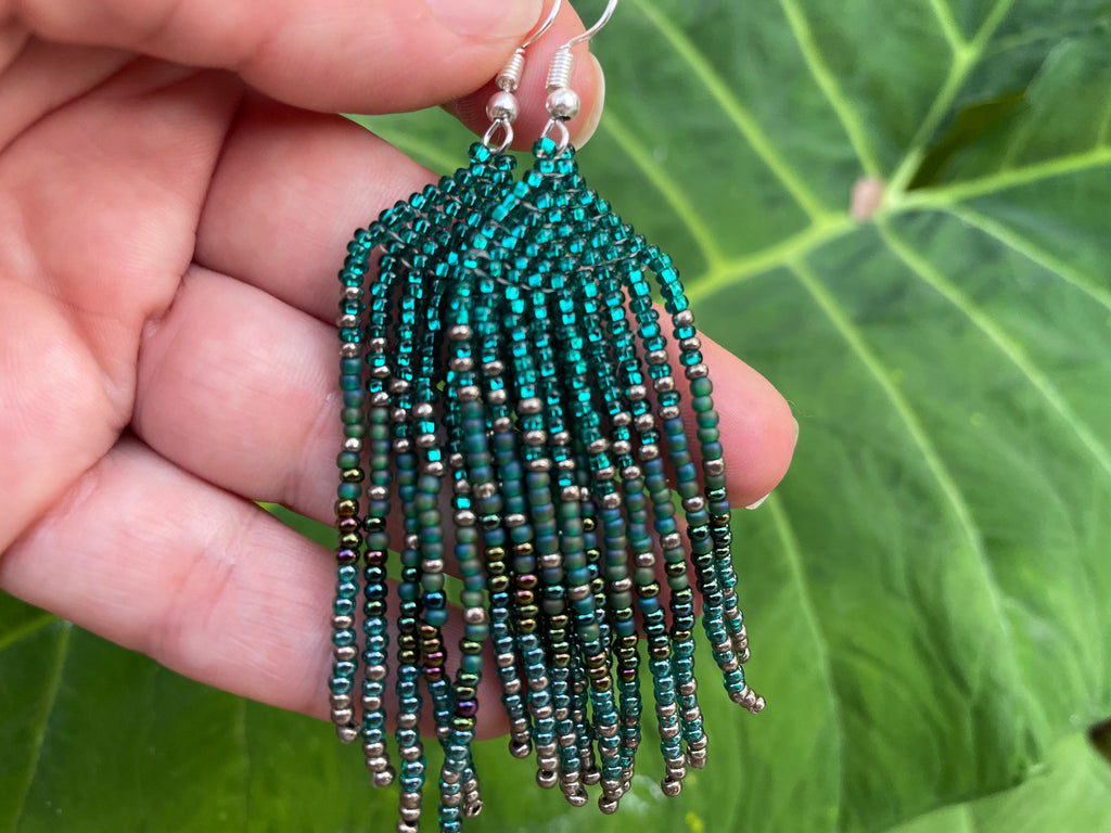 Patina Blue beaded Earrings Long Fringe Ombre Seed bead dangle earrings gift for her mom Chandelier Forest statement earrings