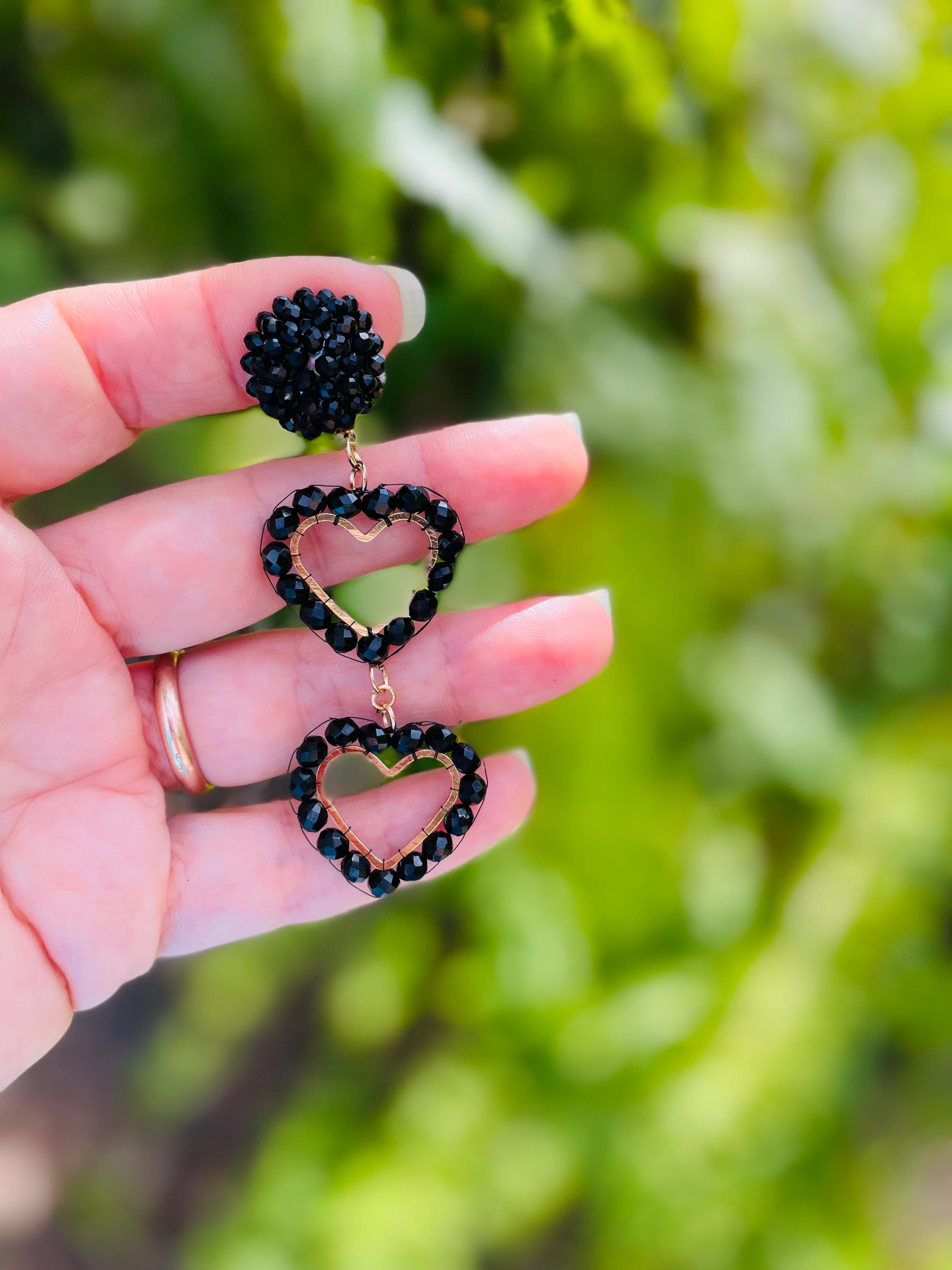 Black Beaded Heart Dangle Earrings Clip on/stud: Gothic Prom Statement Earrings