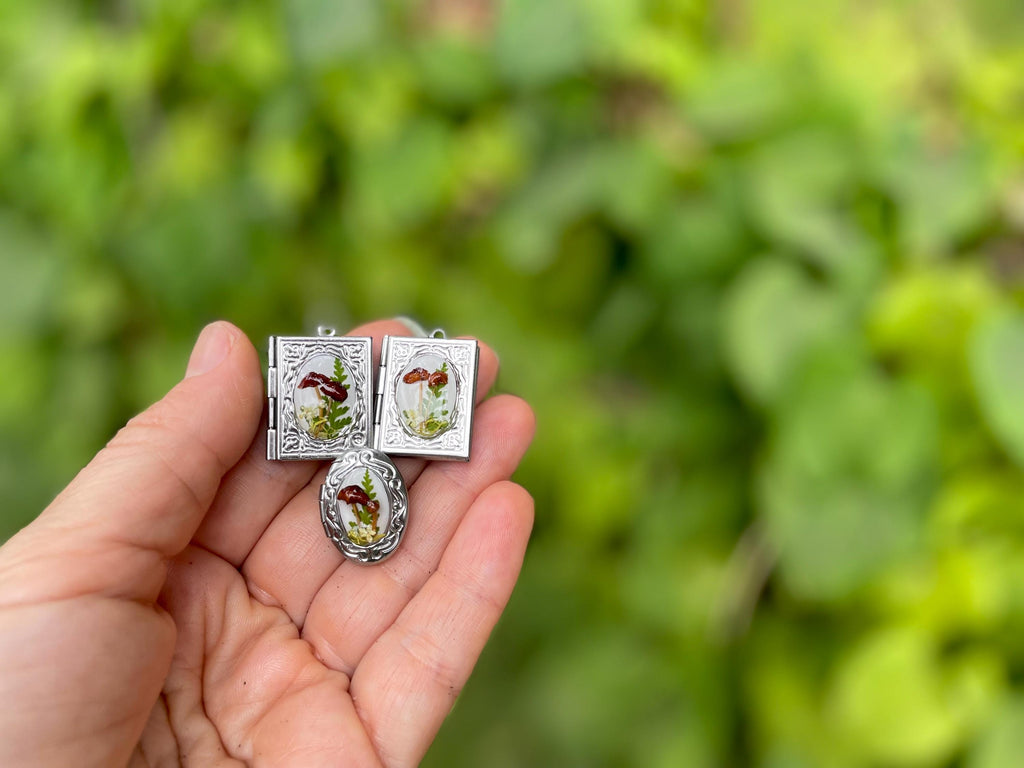 Mushroom Book Silver Locket Necklace with Photo: Custom Lock of Hair Memorial Keepsake Jewelry