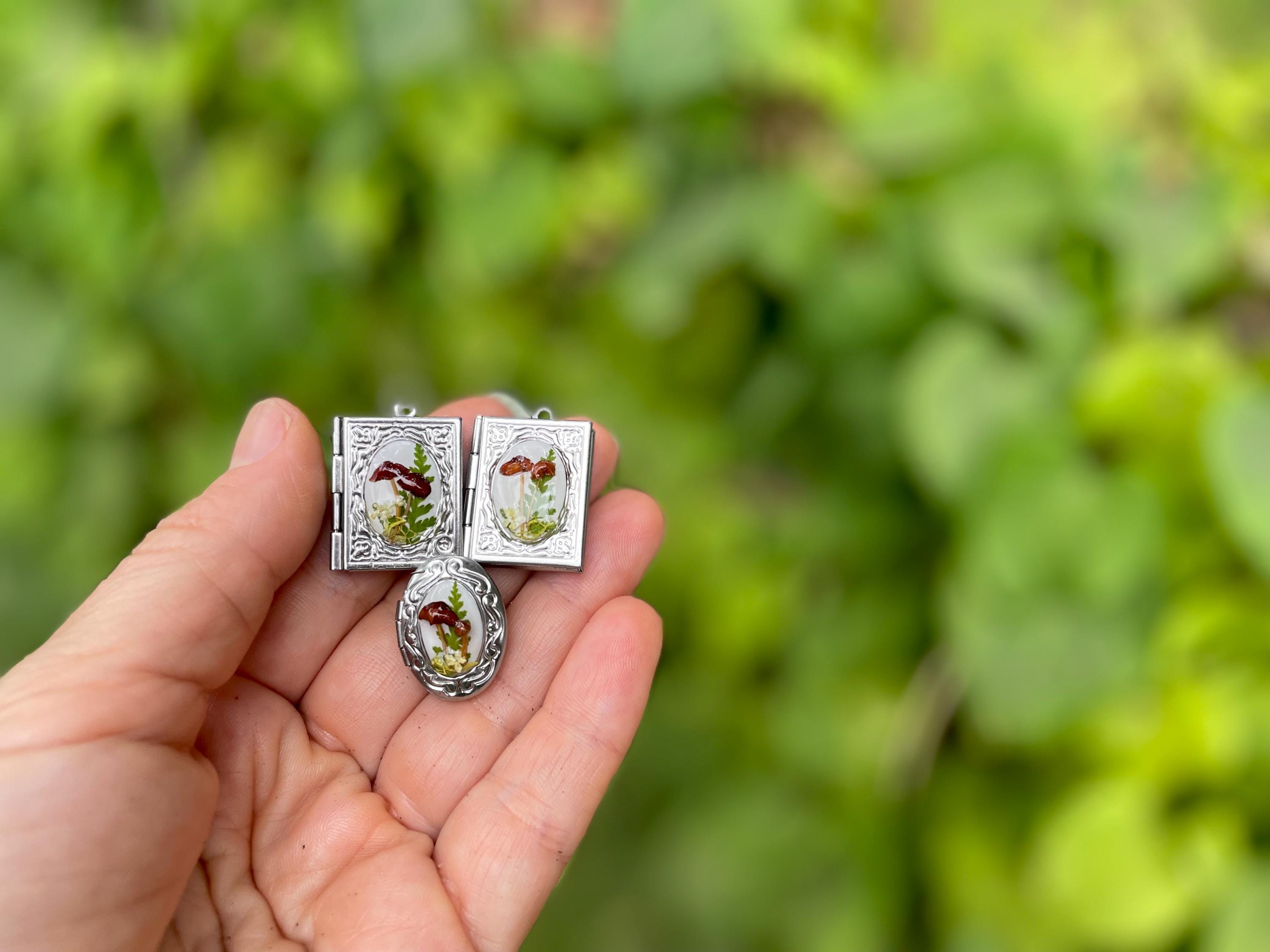 Mushroom Book Silver Locket Necklace with Photo: Custom Lock of Hair Memorial Keepsake Jewelry