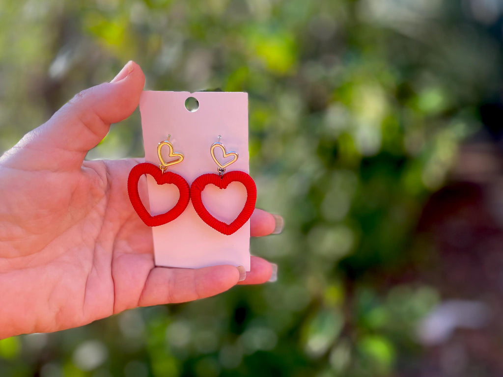 Large Heart Earrings Custom Heart hoop earrings Red heart clip on earrings Les Bonbon silk  wrapped dangles Cute Valentine earrings friend