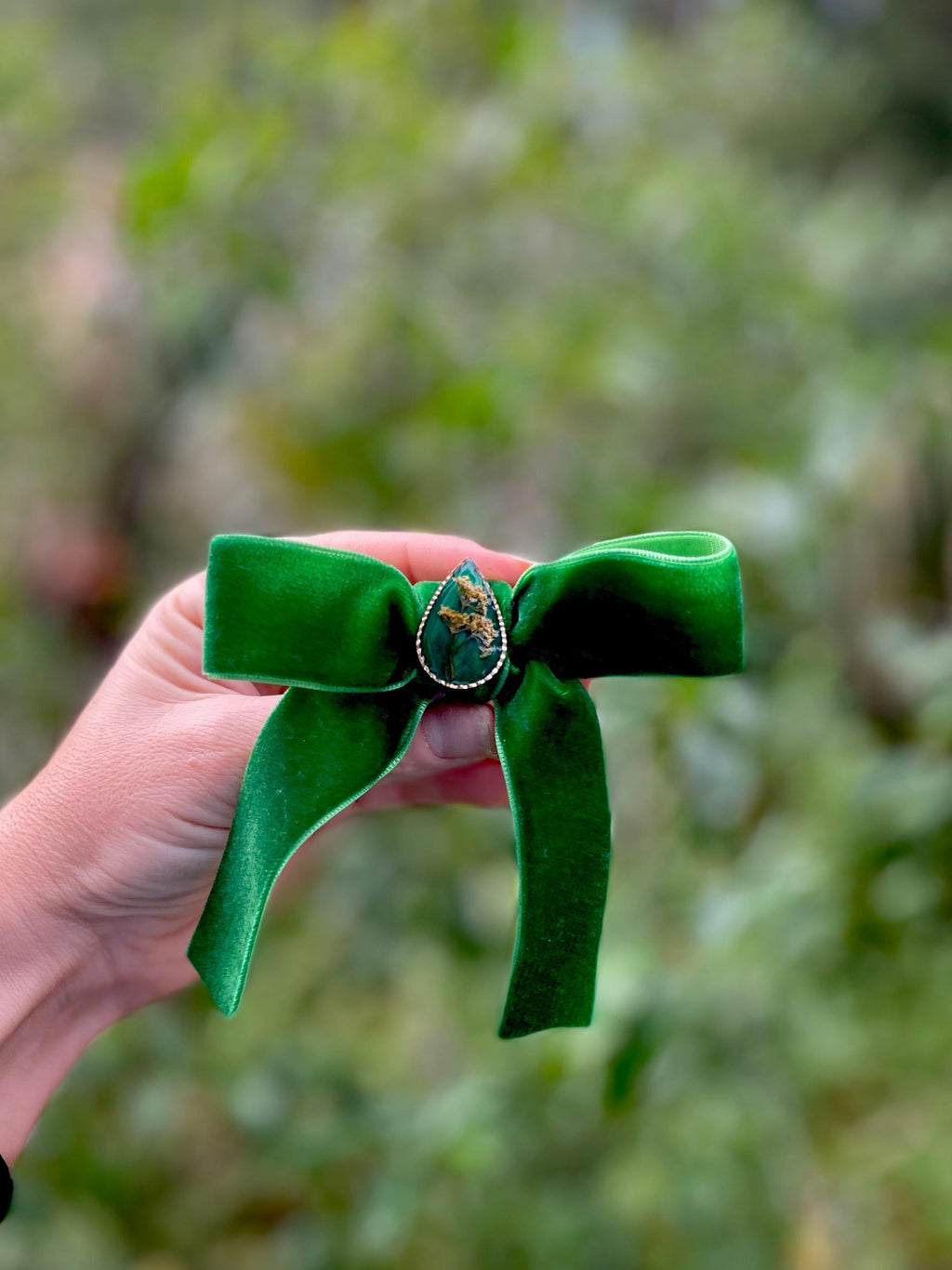 Forest Green Velvet Hair Bow Clip: Real Wildflower Charm