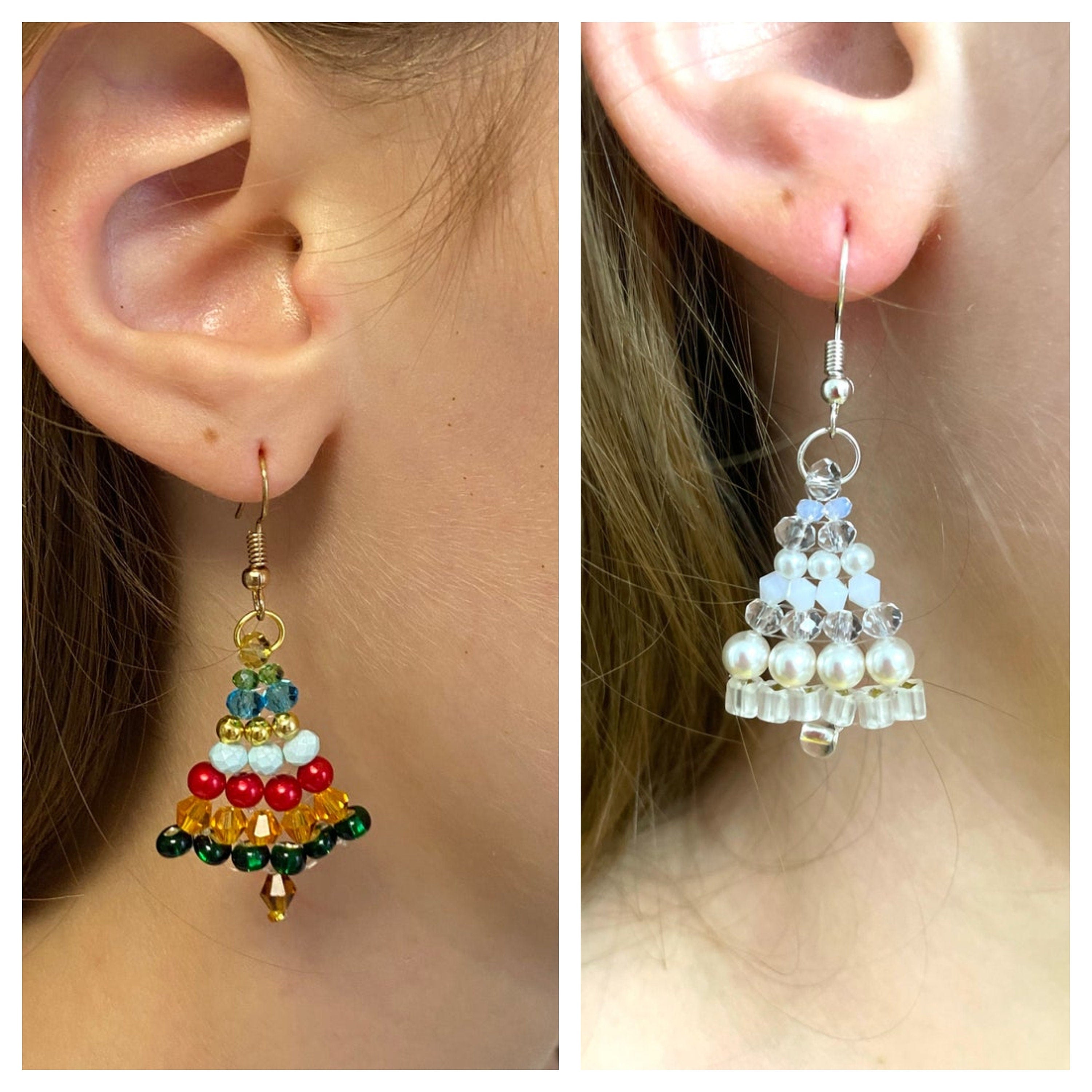 White Christmas Tree Earrings Beaded: Unique Pearl Silver Winter Holiday Dangles for Women