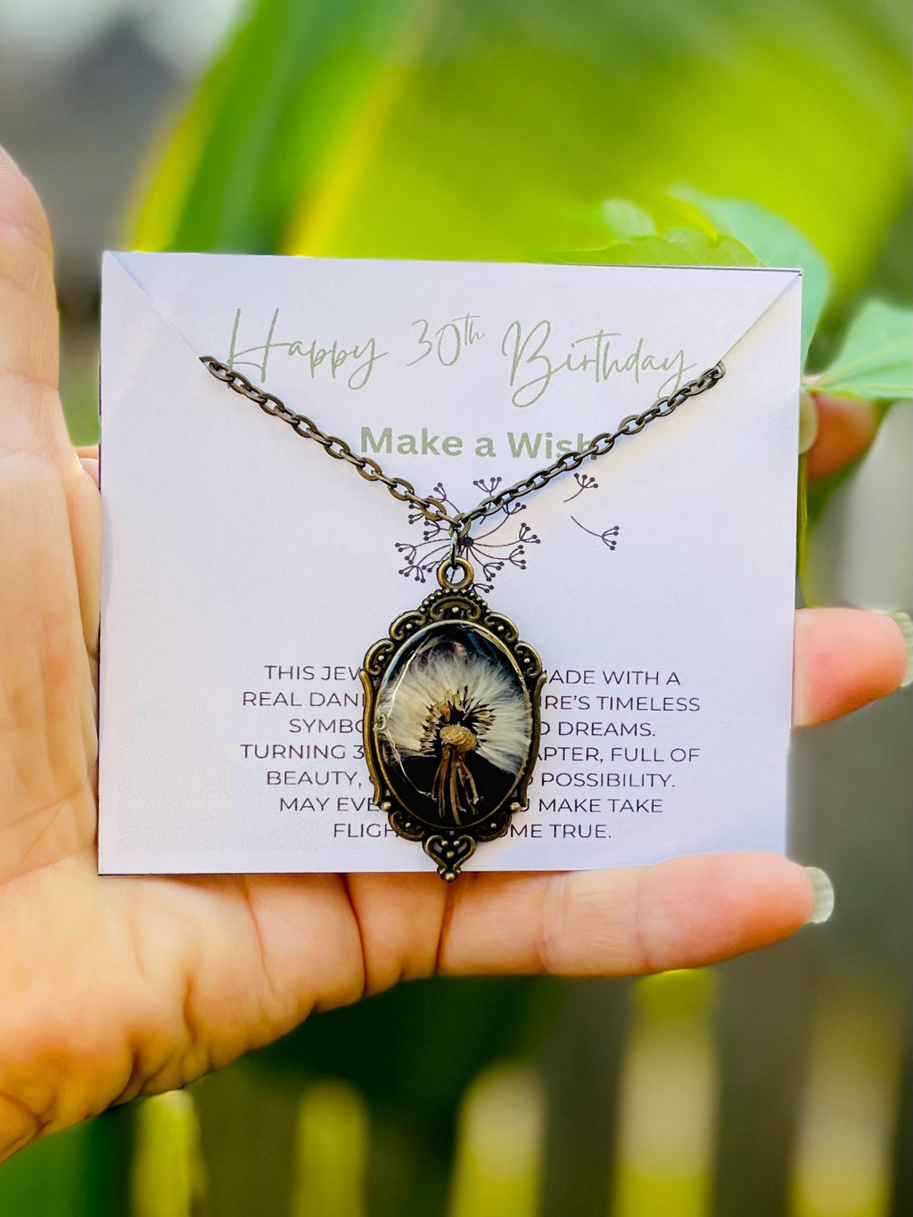 Real Dandelion Pendant Necklace Vintage Cameo Style: 30th Birthday Gift