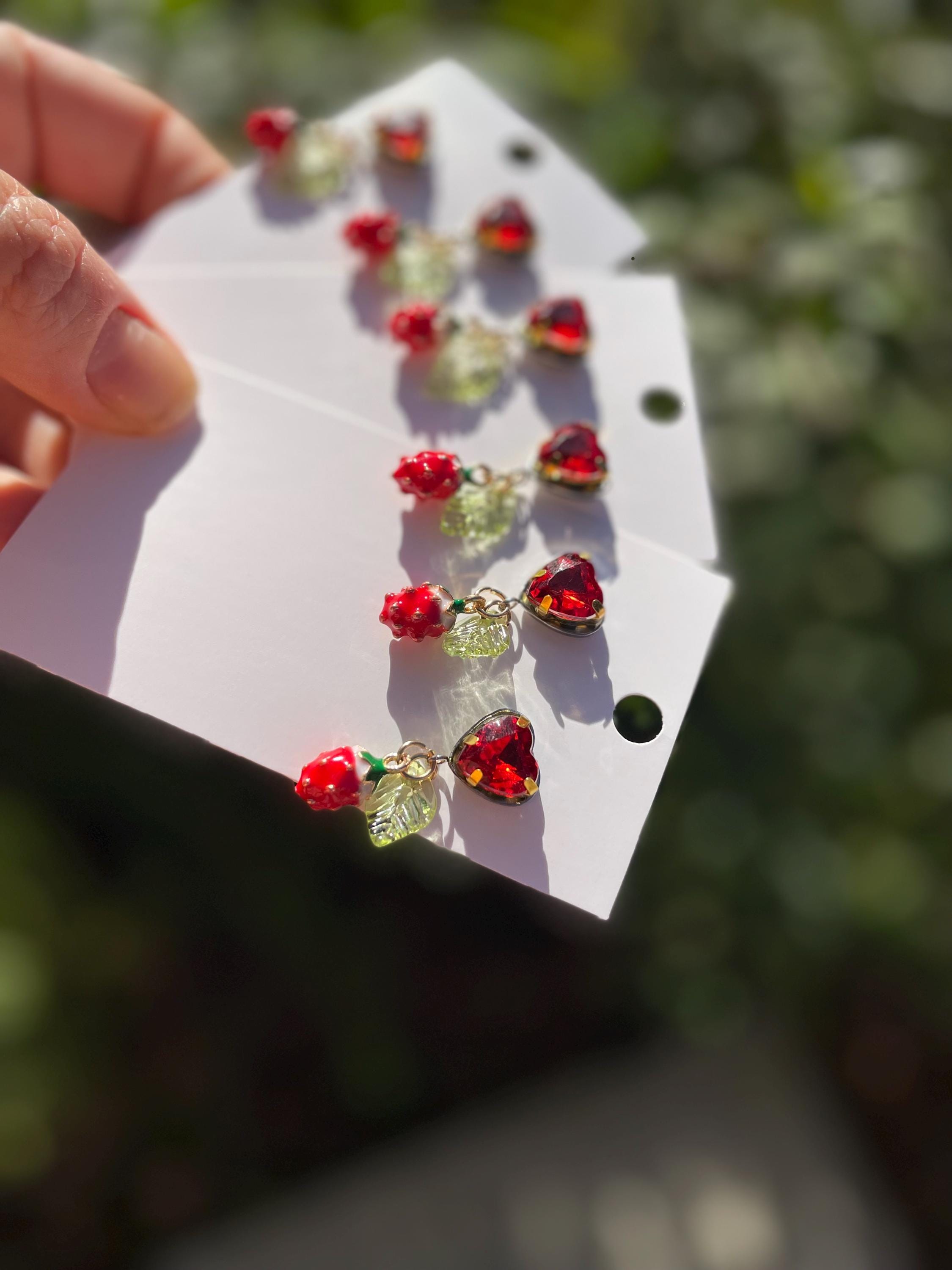Strawberry Heart Dangle Earrings: Enamel Berry Handmade Jewelry