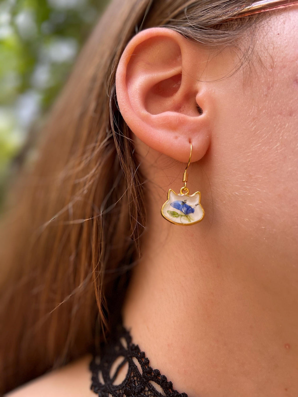 Dainty Blue Flower Cat Earrings: 14K Gold Filled Vintage Porcelain Style Jewelry