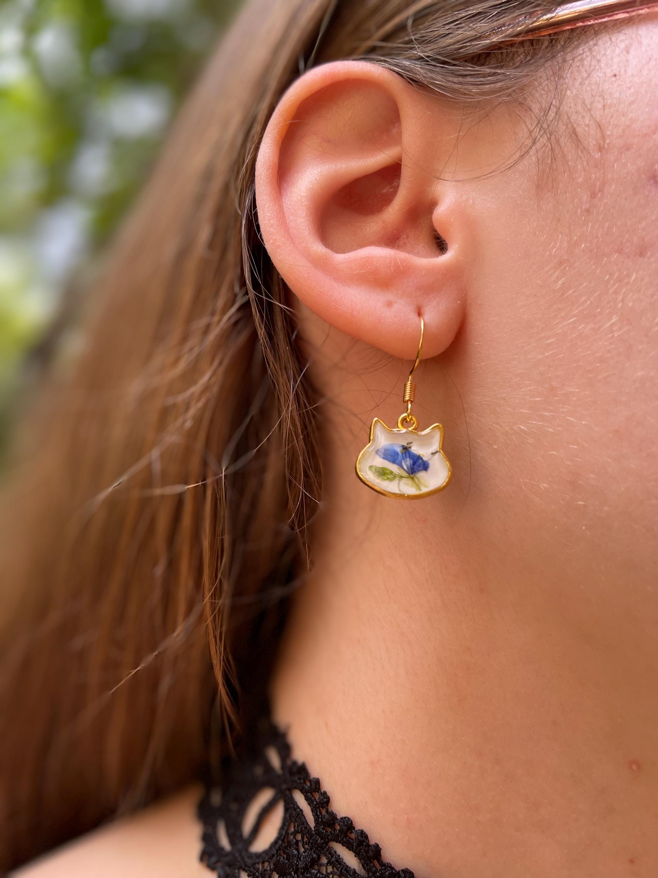 Dainty Blue Flower Cat Earrings: 14K Gold Filled Vintage Porcelain Style Jewelry