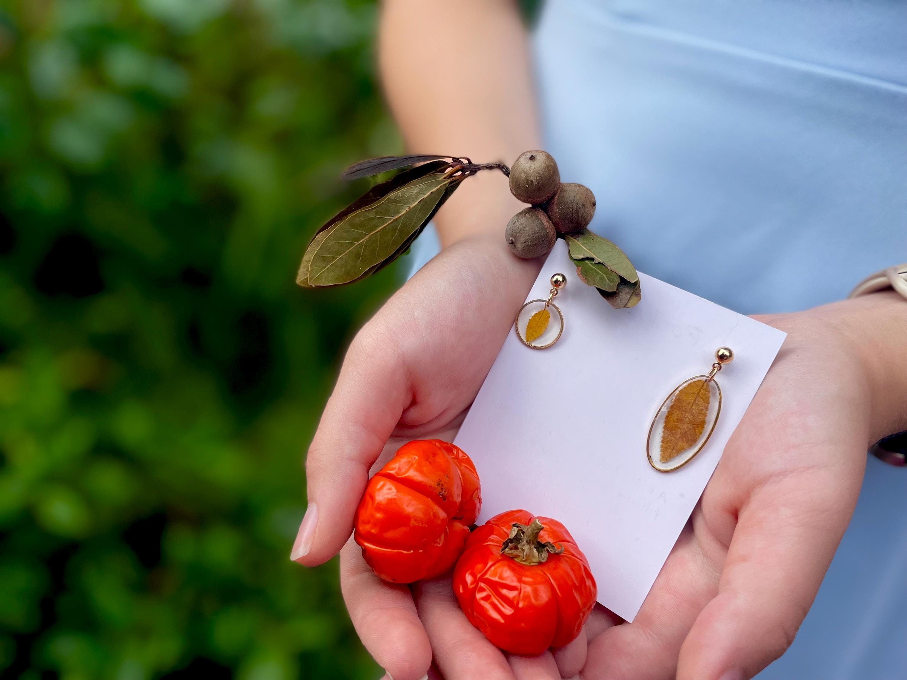 Real Leaf Resin Earrings: Dainty Gold Nature Jewelry