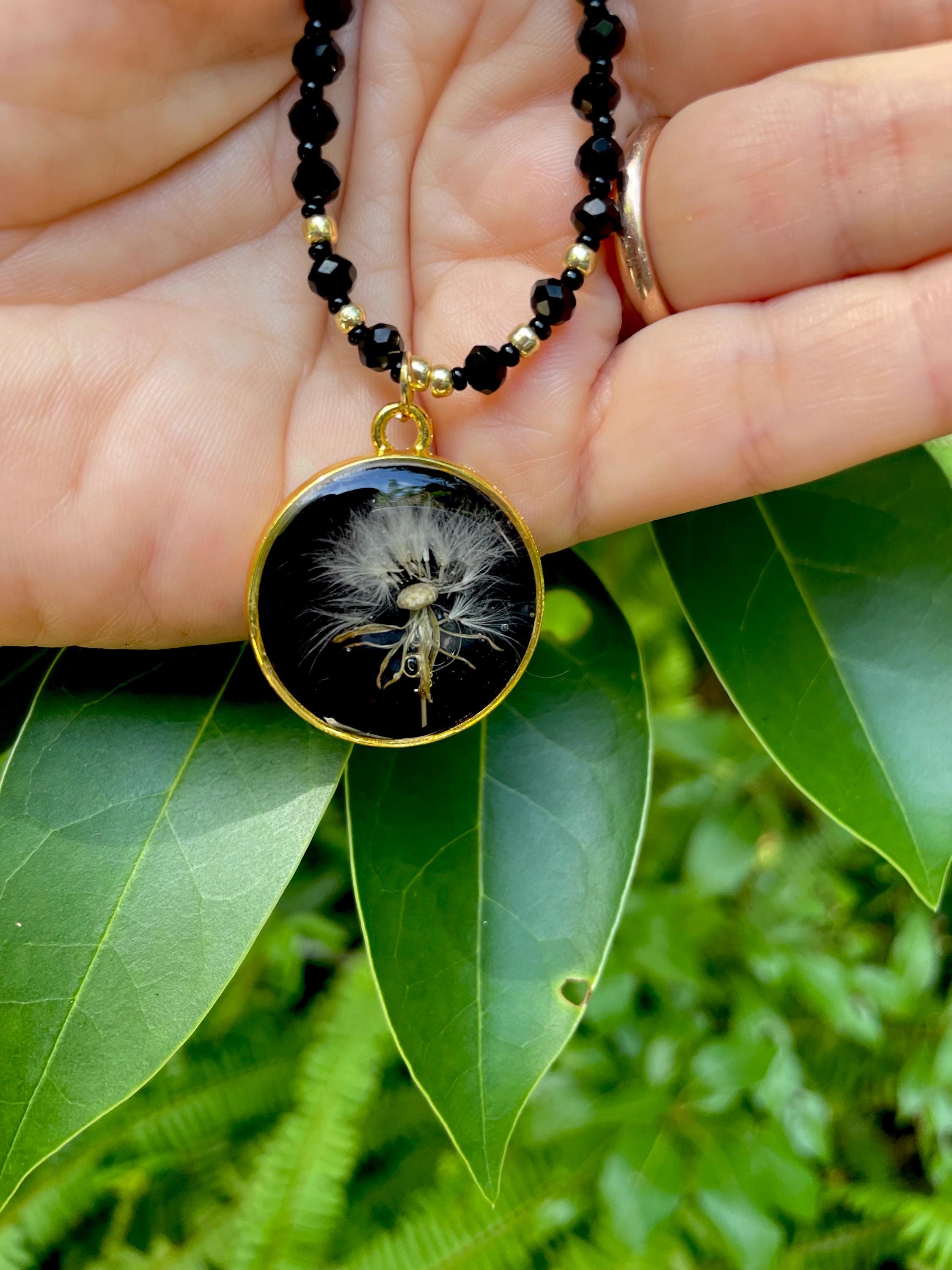 Black Spinel Beaded Necklace: Real Dandelion Charm, Sterling Silver/Gold