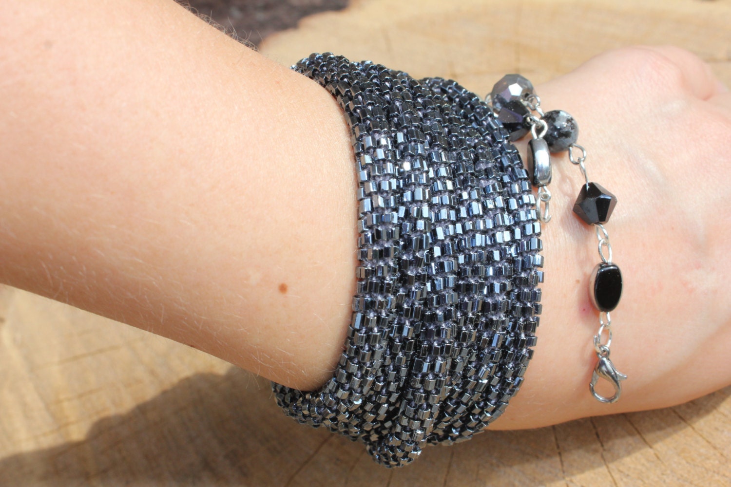 Hematite Bead necklace, Beaded Layered Lariat Necklace Choker Gift For Her, Crochet Lariat Rope, Bohemian jewelry for her, crystal lariat