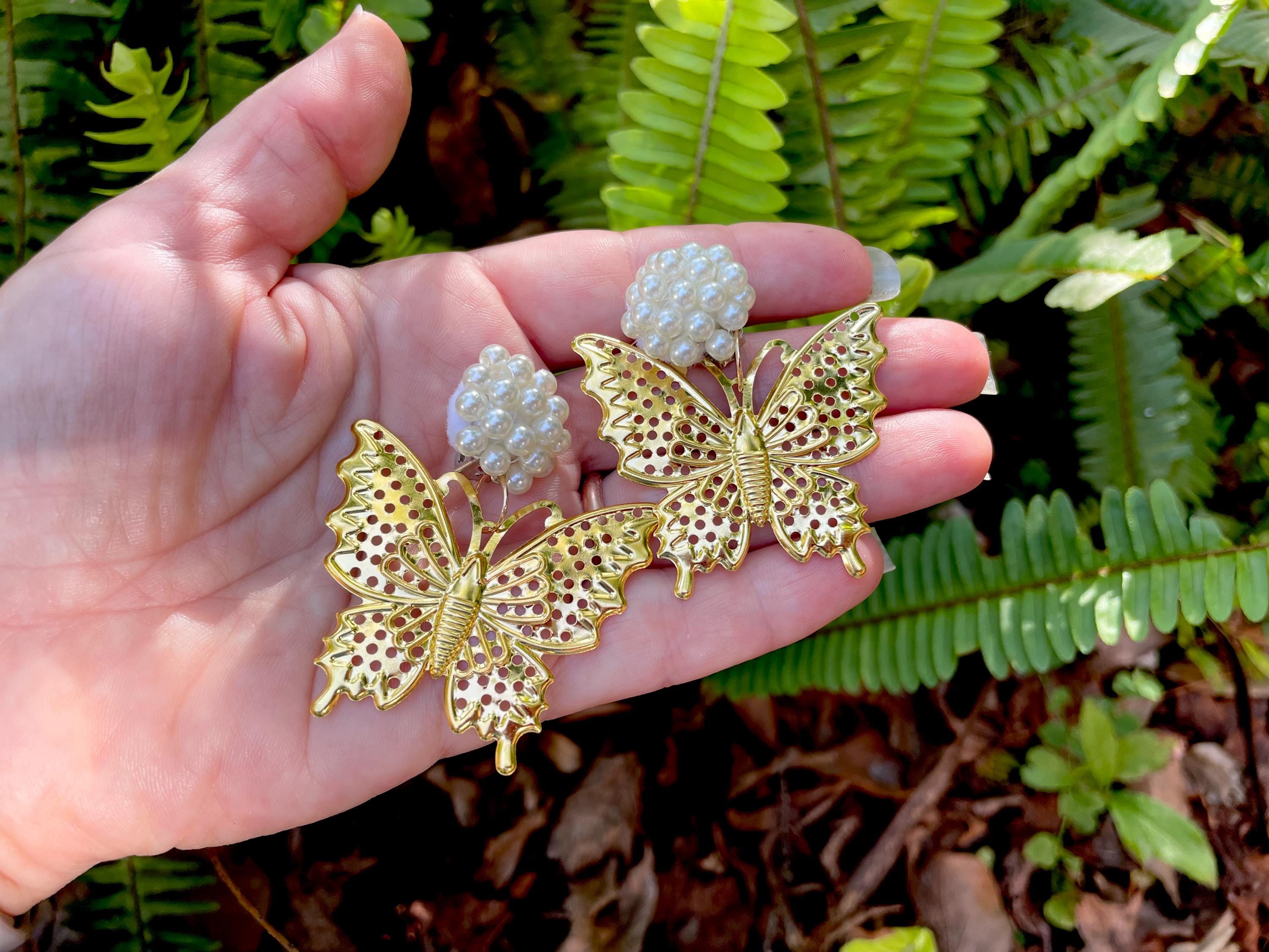 14k Gold Butterfly Clip On Earrings: Pearl Filigree Dangle