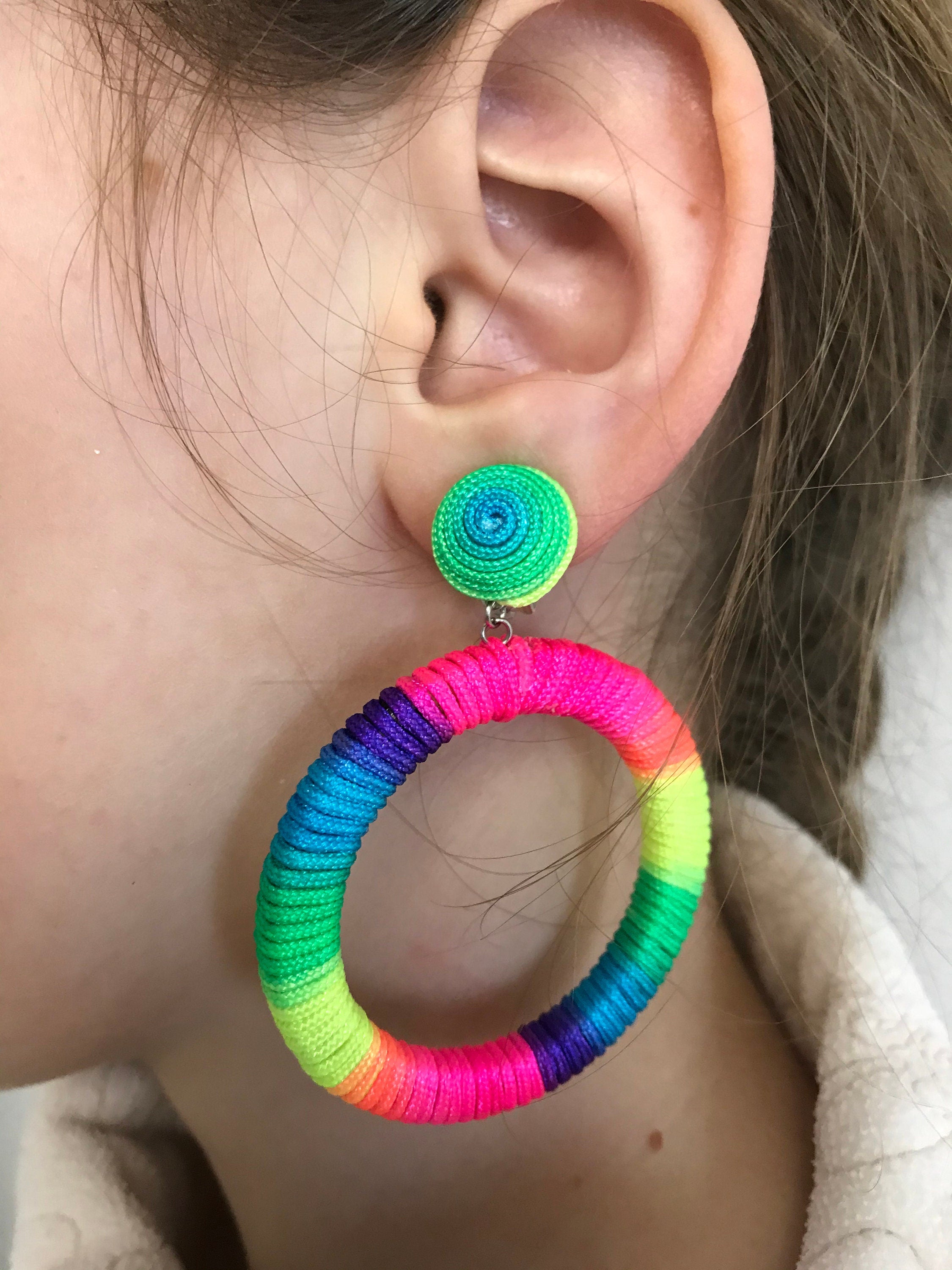 Rainbow earrings. Extra long colorful earrings, 6 ball clip on earrings dangle, Silk drop ball earrings, Statement bon bon earrings