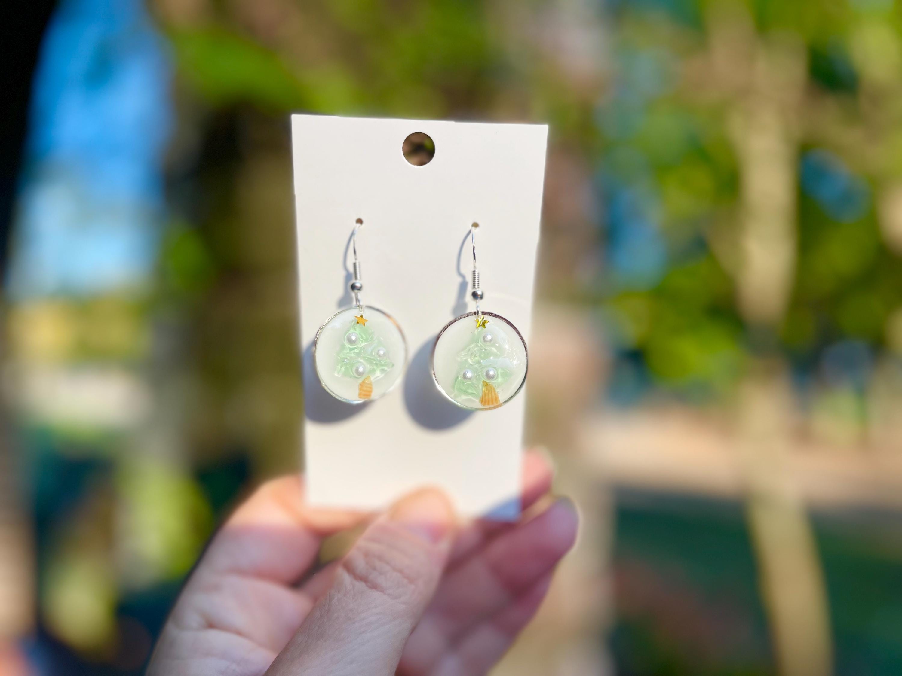 Sea Glass Christmas Tree Earrings: Resin Pearl Mosaic, Silver Tone