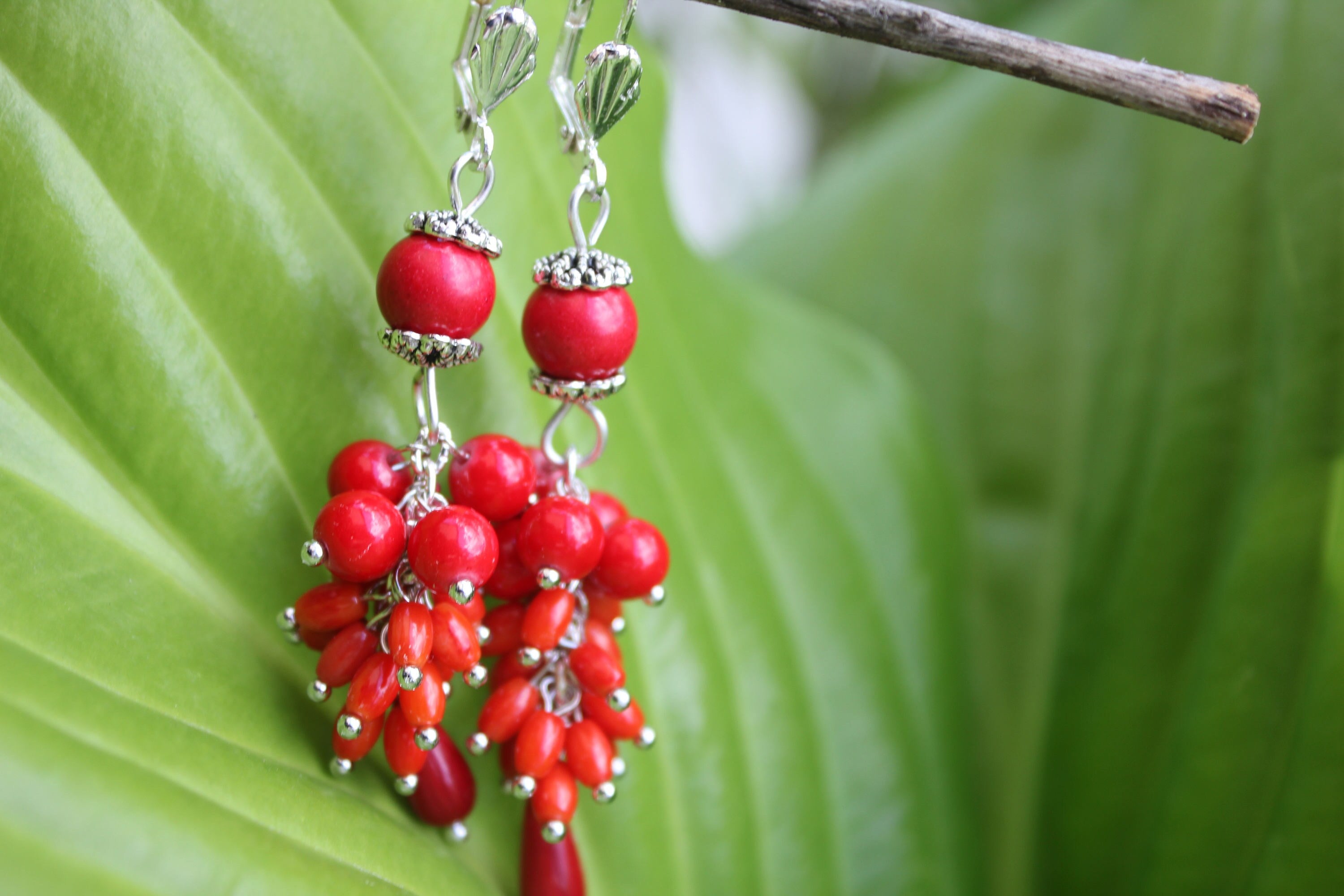 Red Coral Cluster Earrings: Vintage Style Crystal Dangle Earrings Statement