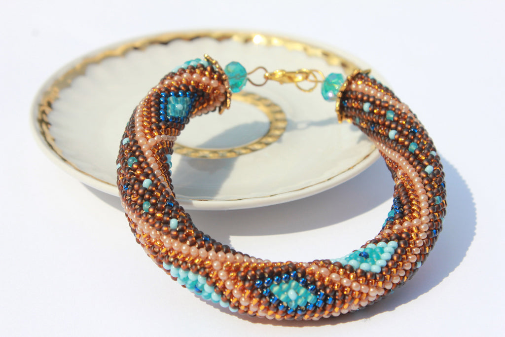 Teacher appreciation gift brown and blue Crocheted geometric bracelets for women, Mothers Day gift idea for wife, Seed Bead bangle Beadwork