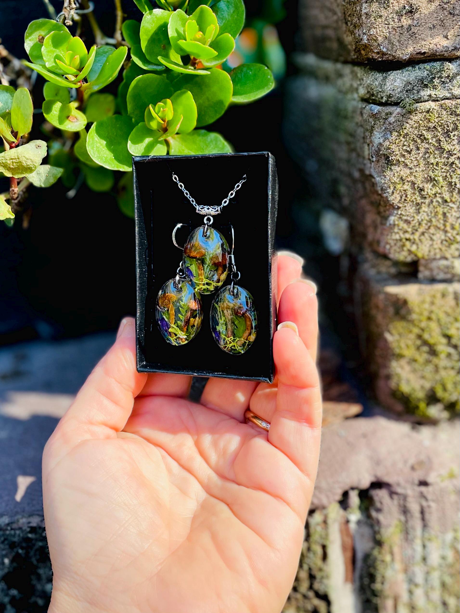 Real Mushroom Fern Jewelry Set: Sterling Silver Earrings & Stainless Steel Necklace Birthstone Personalized