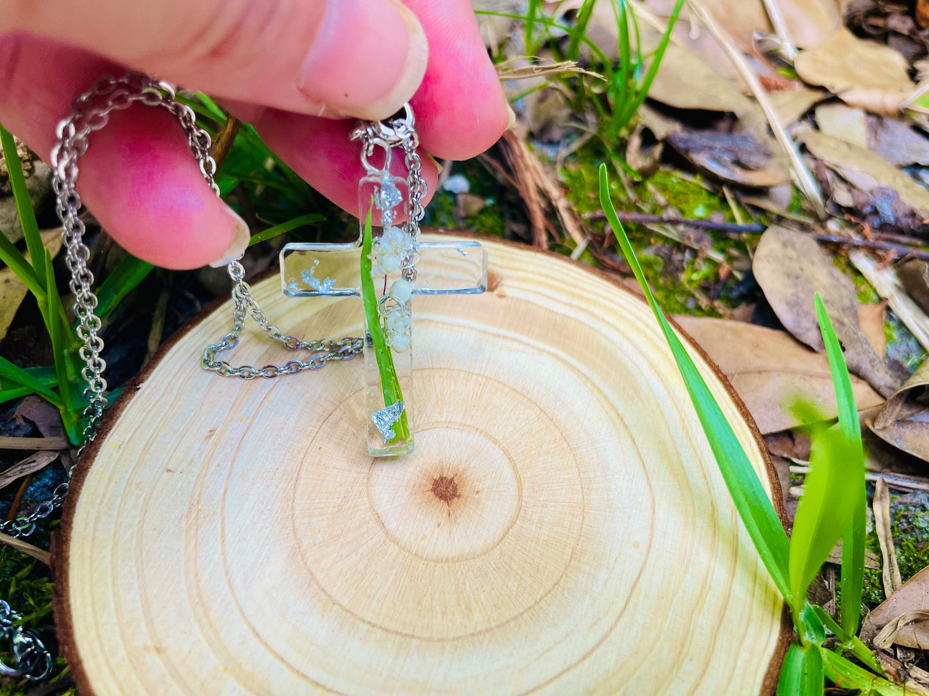 Lily of the Valley Cross Necklace: May Birth Flower Resin Pendant