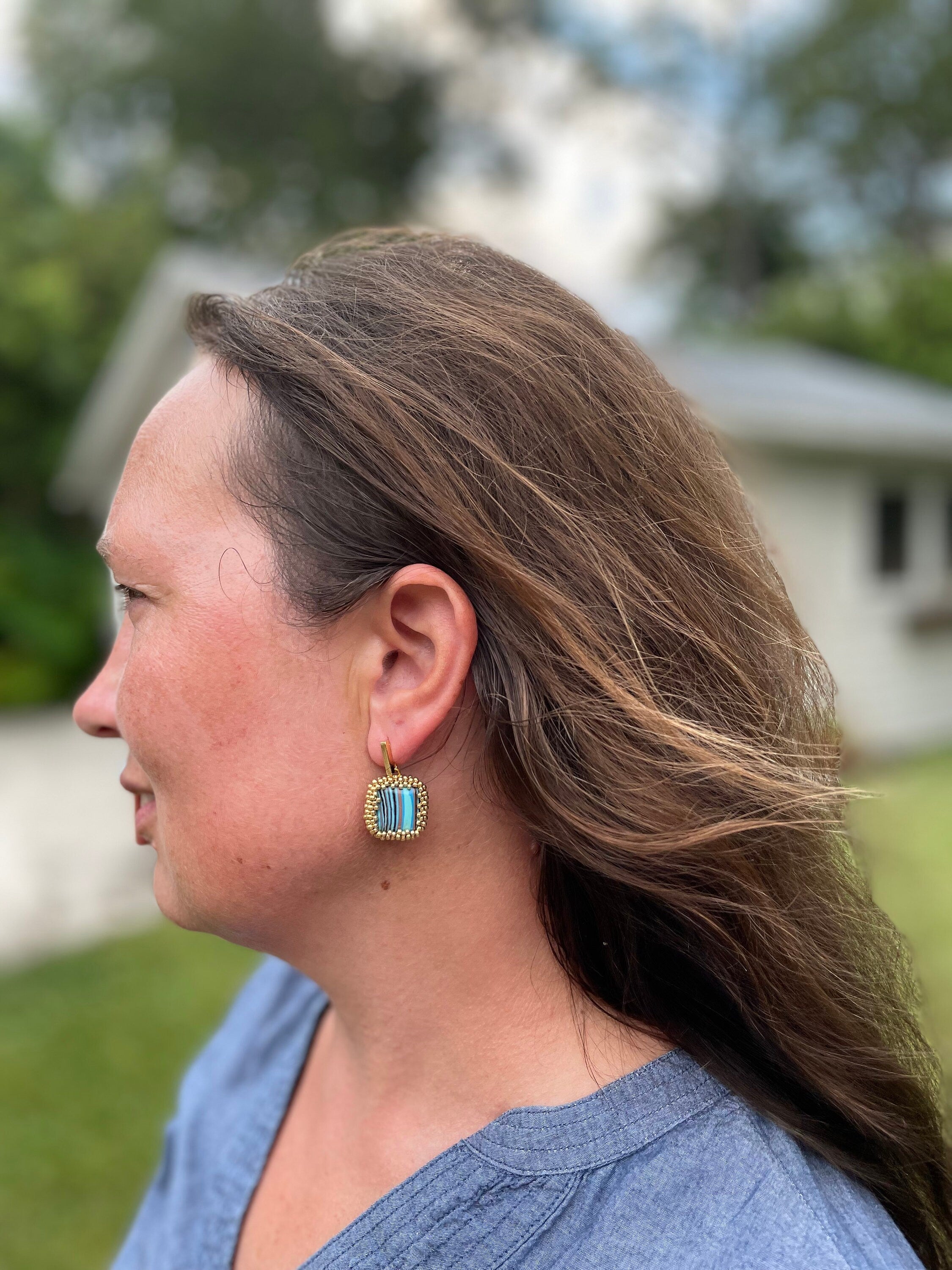 Square dangle beaded earrings with striped turquoise malachite like crystals with gold or silver studs, 1.24 inch long earrings for women