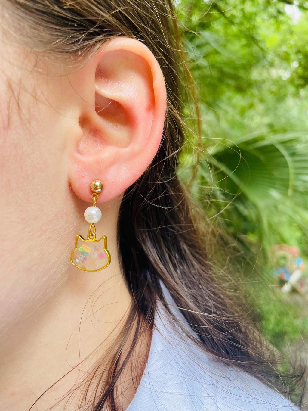 Iridescent Cat Head Earrings: Gold Boho Freshwater Pearl Dangles