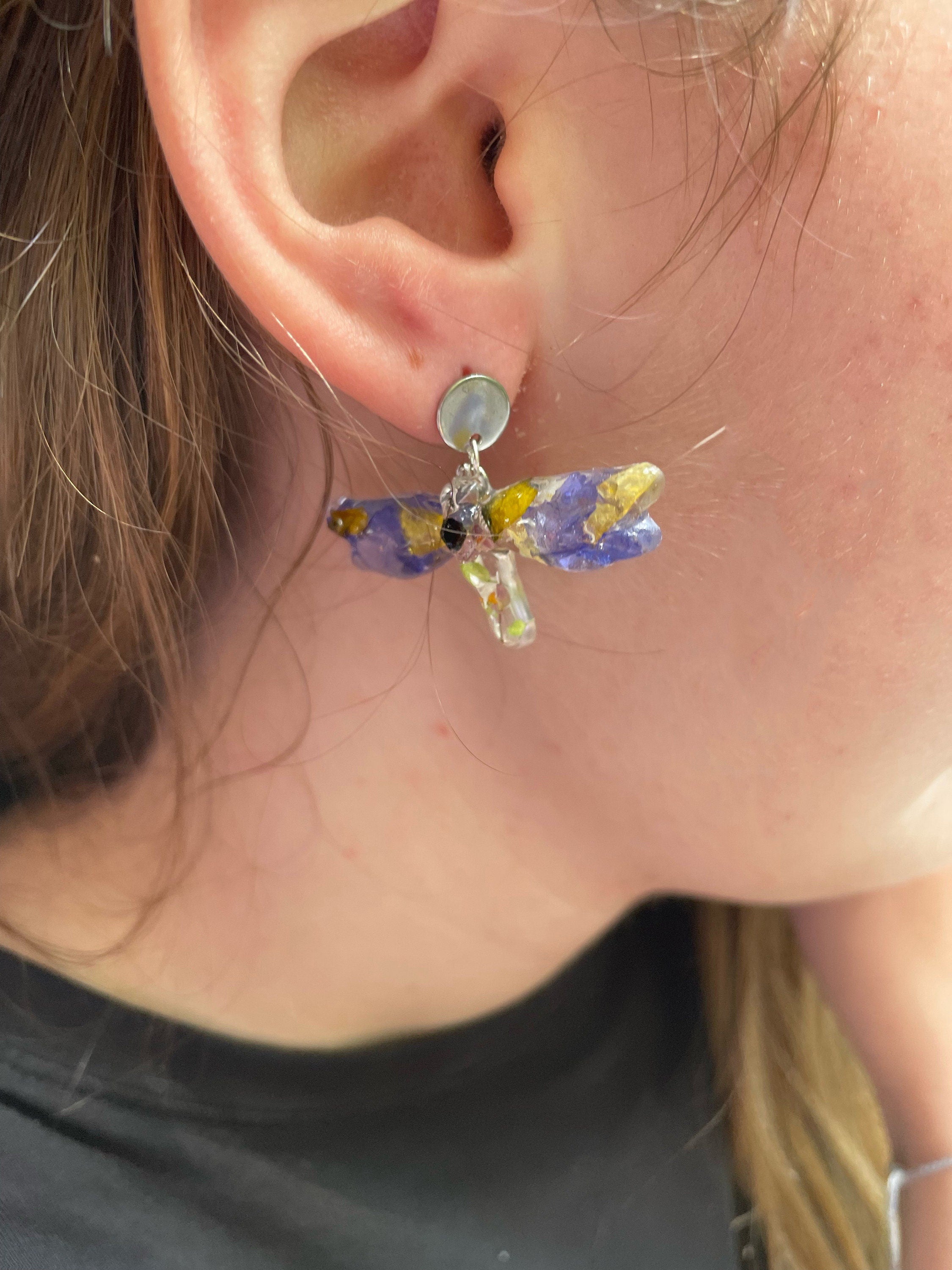 Dragonfly Earrings: Custom Birth Month Flower Pressed Resin Jewelry